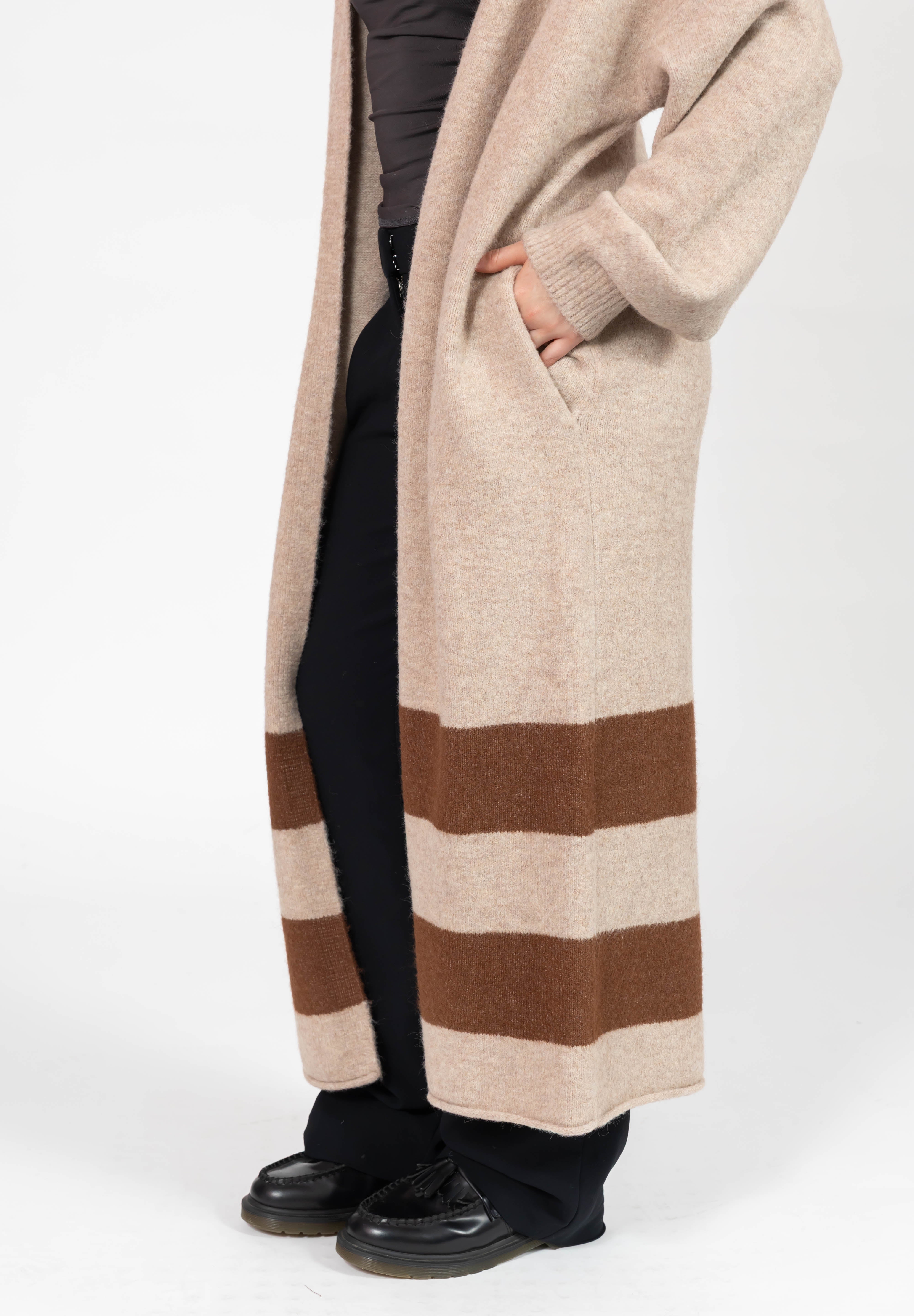 Mabel Striped Long Cardigan in Light Brown/Chestnut