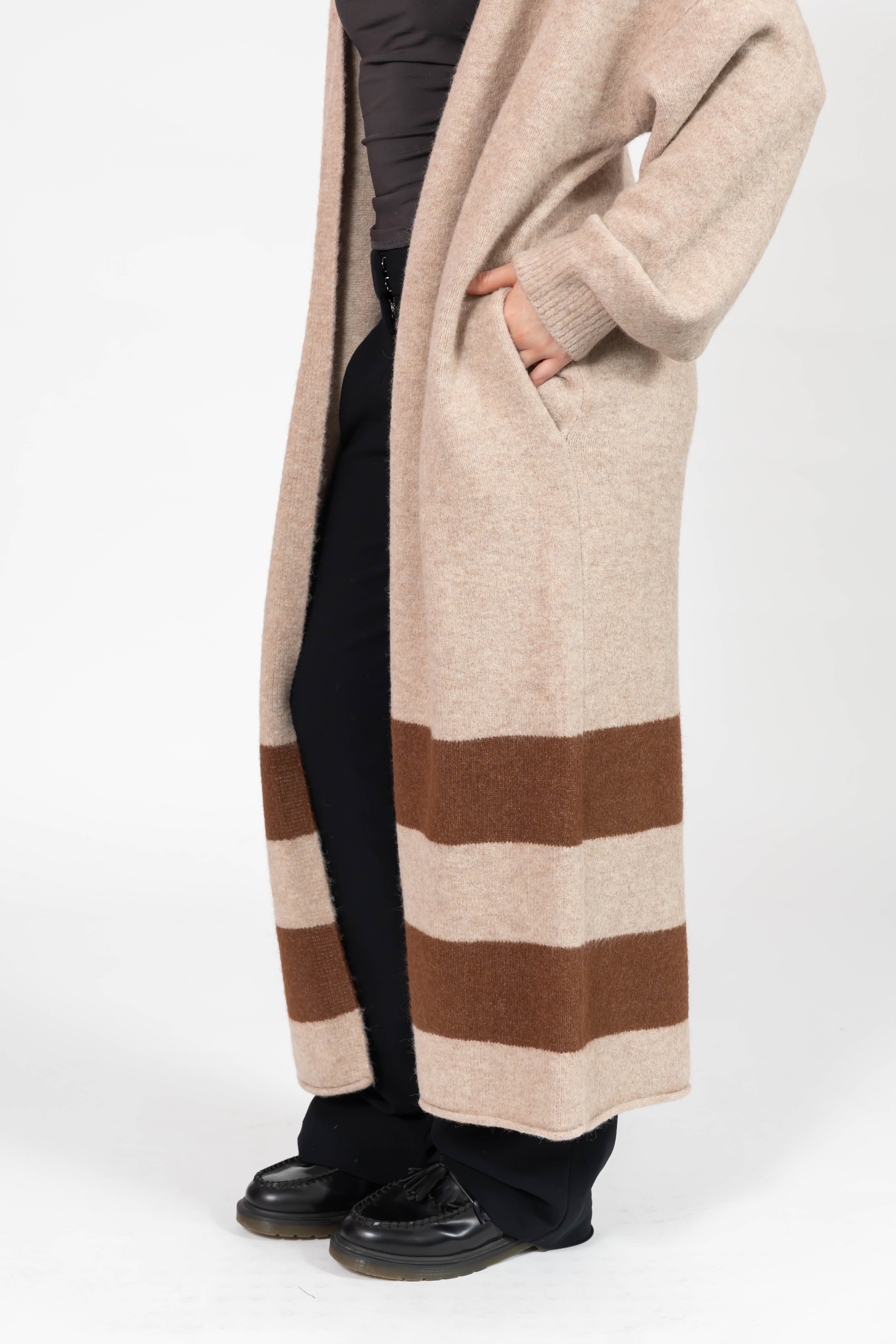 Mabel Striped Long Cardigan in Light Brown/Chestnut