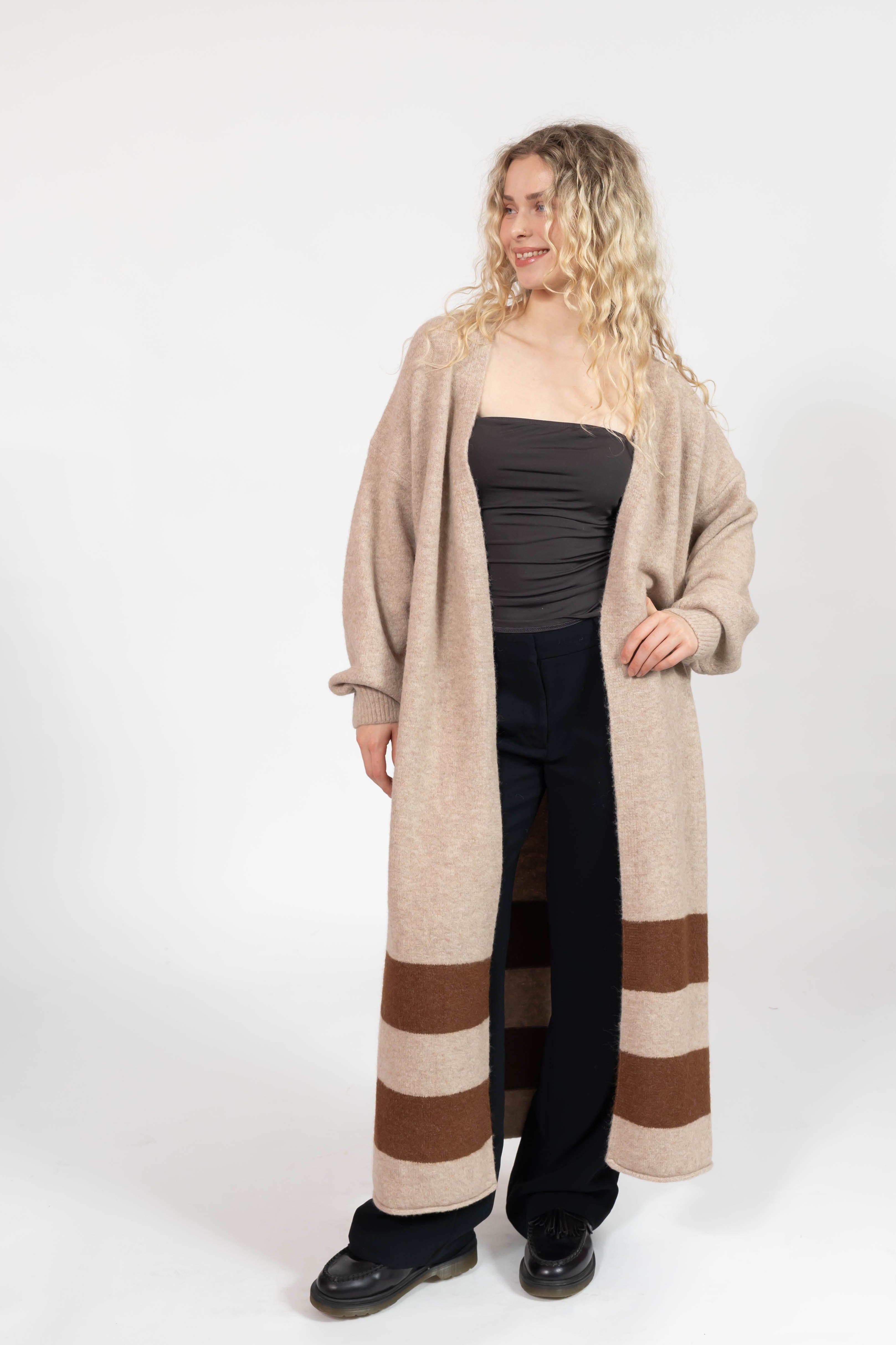 Mabel Striped Long Cardigan in Light Brown/Chestnut