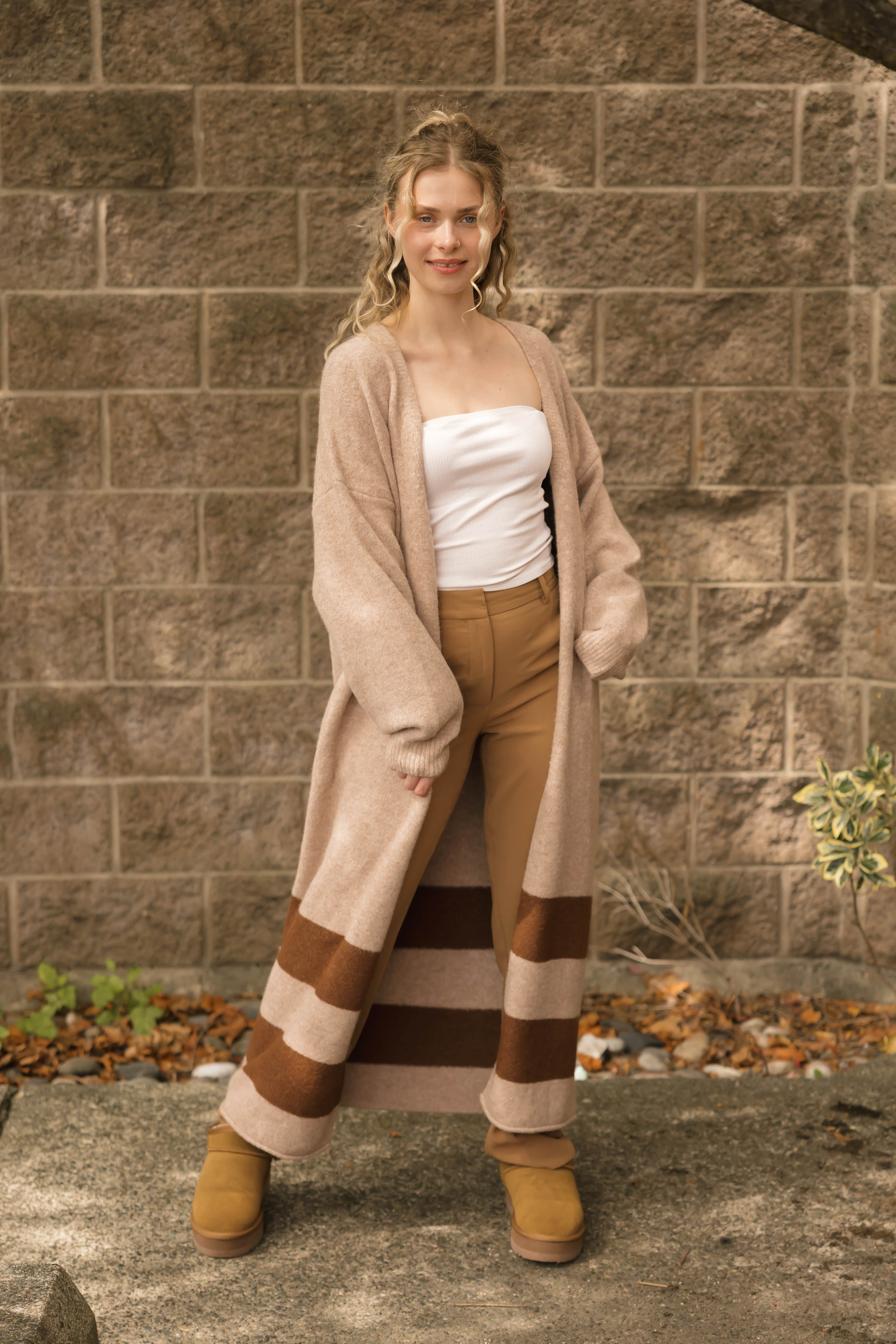 Mabel Striped Long Cardigan in Light Brown/Chestnut