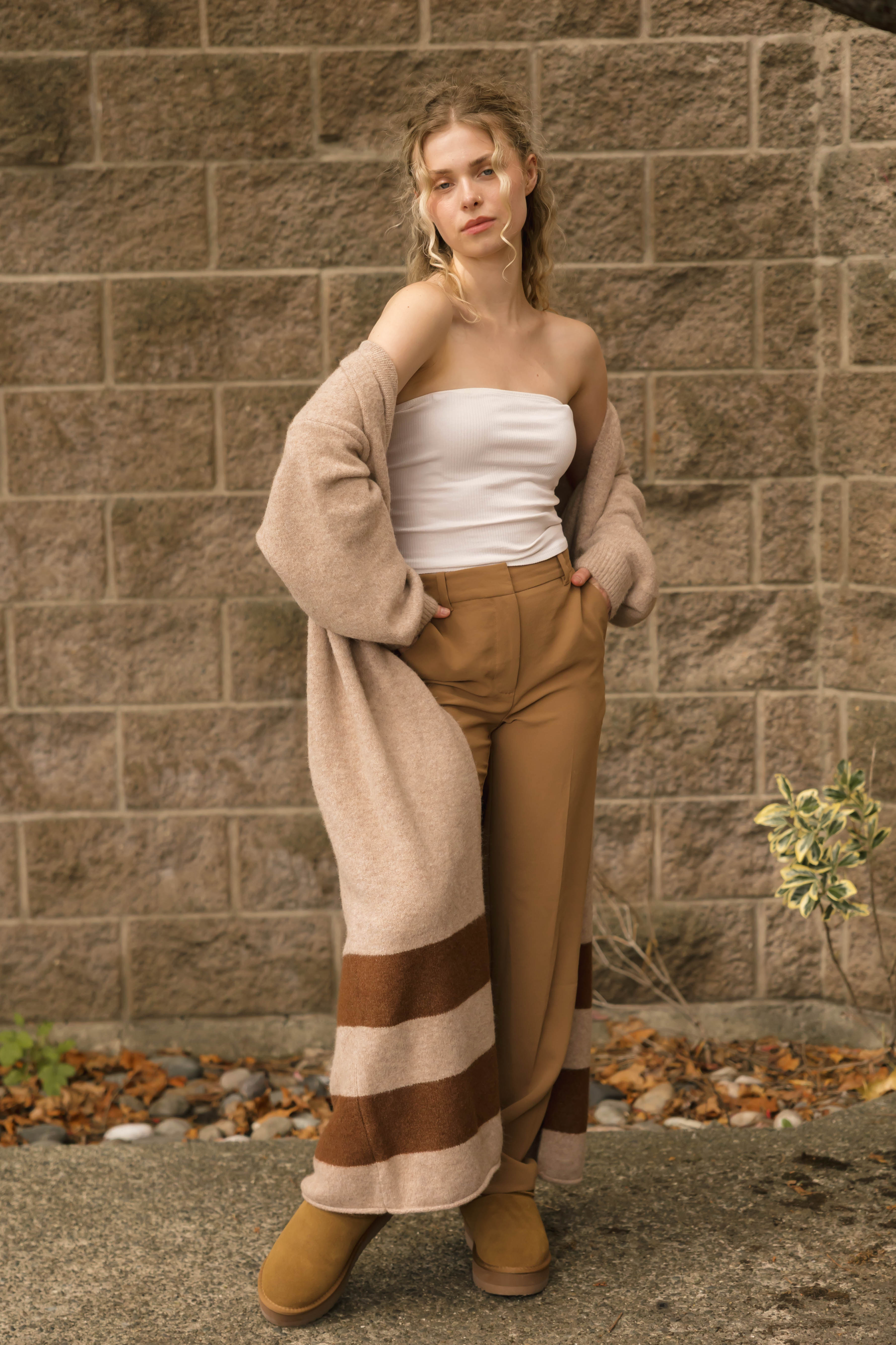 Mabel Striped Long Cardigan in Light Brown/Chestnut