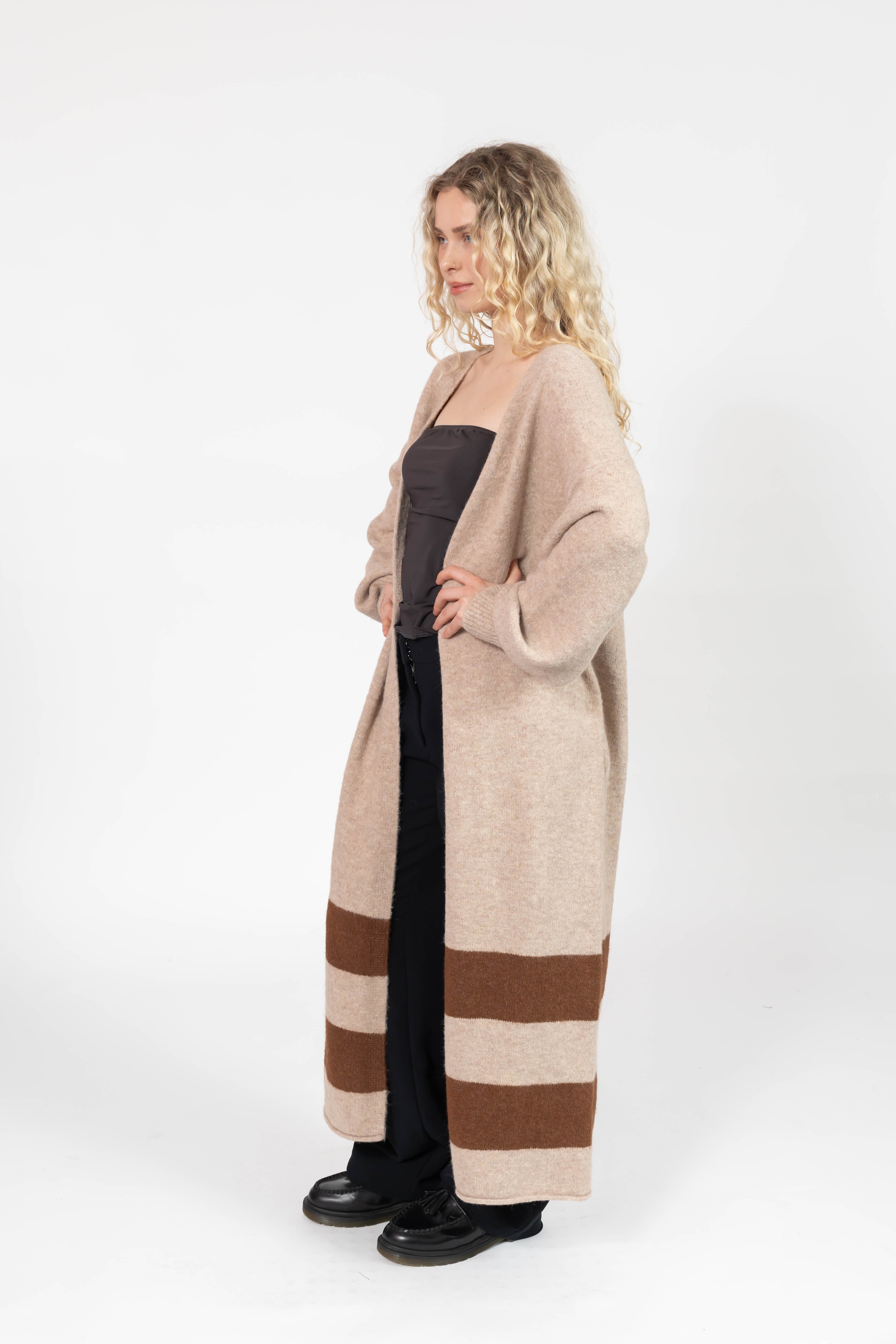 Mabel Striped Long Cardigan in Light Brown/Chestnut