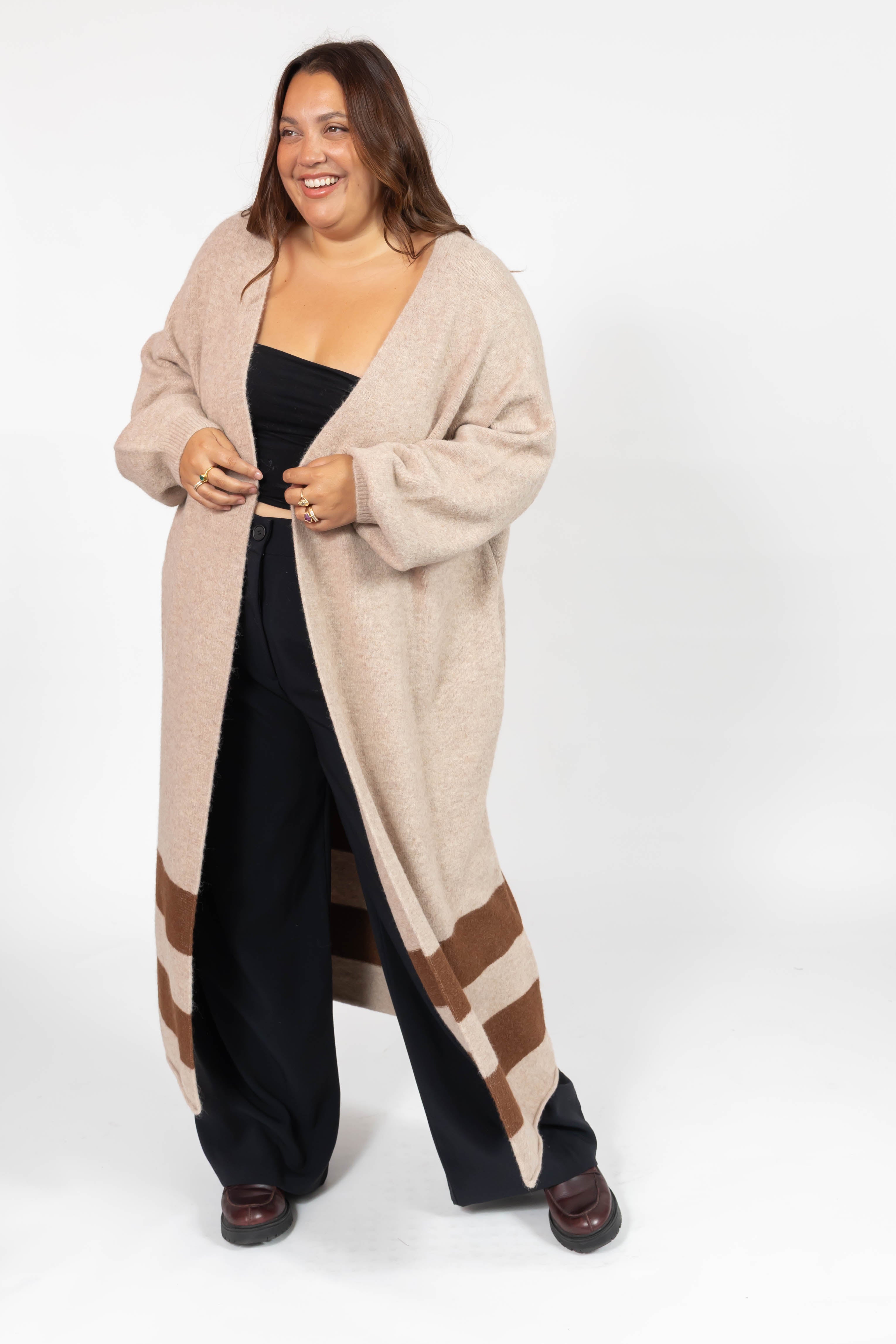 Mabel Striped Long Cardigan in Light Brown/Chestnut