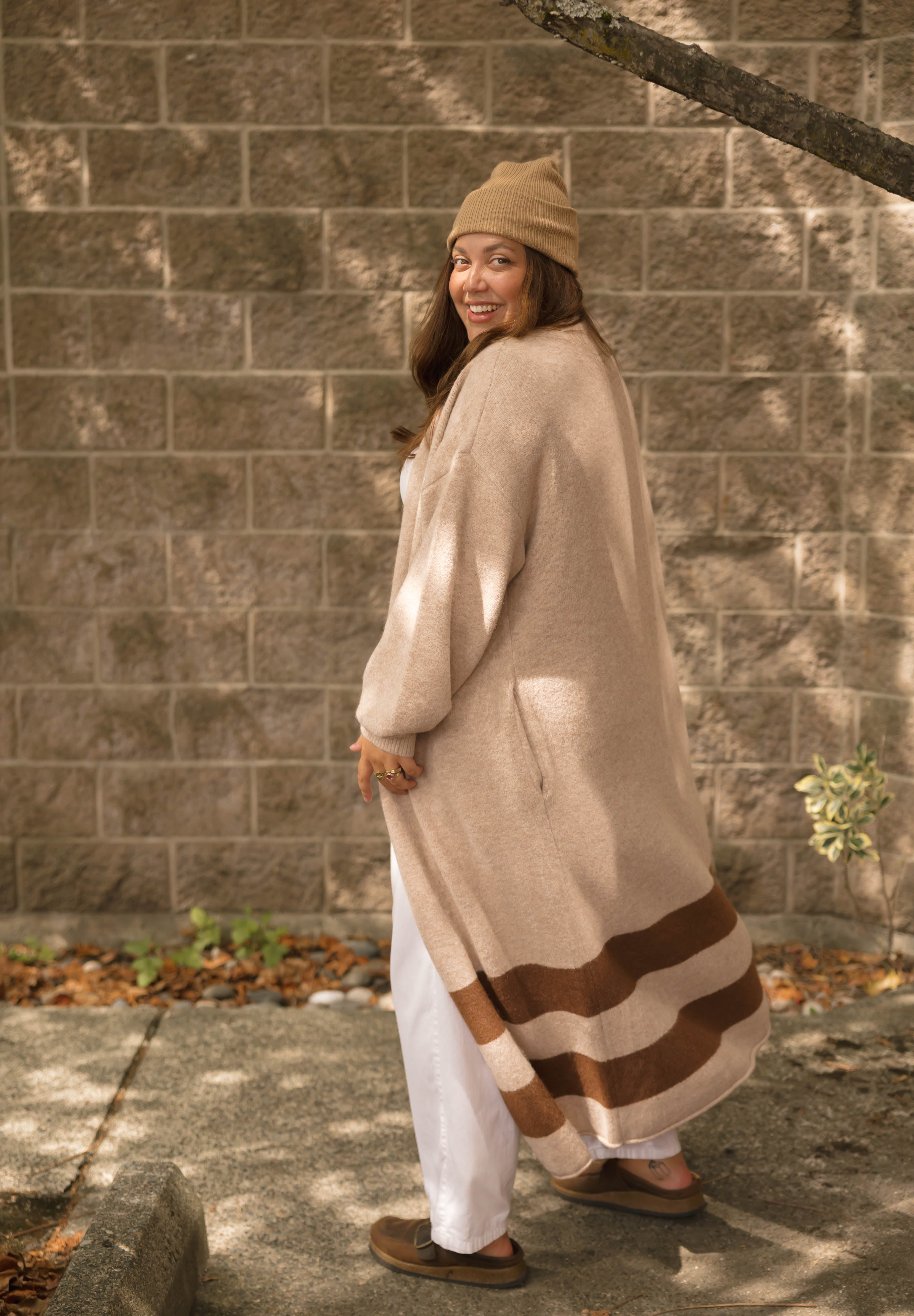 Mabel Striped Long Cardigan in Light Brown/Chestnut