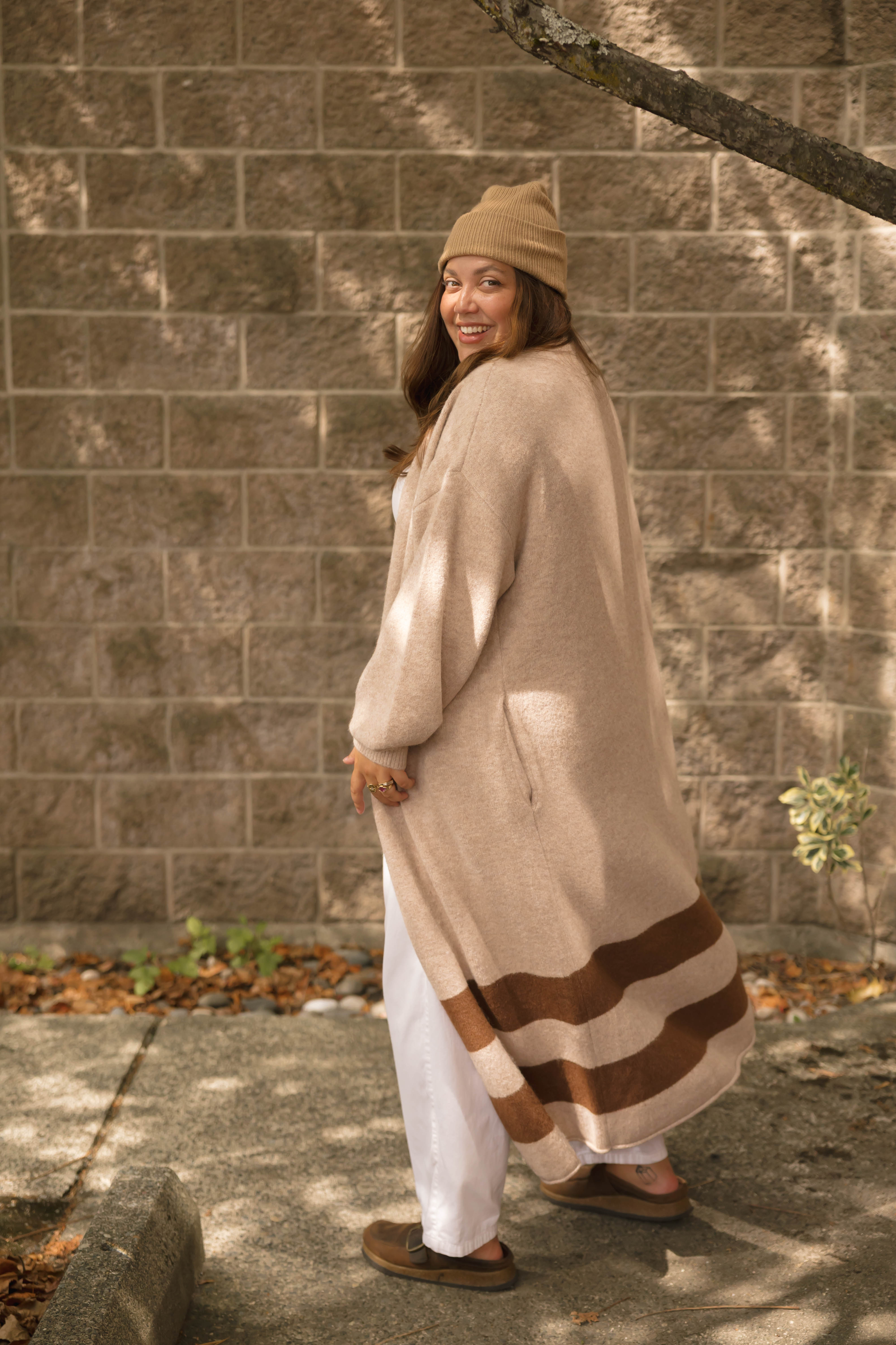 Mabel Striped Long Cardigan in Light Brown/Chestnut