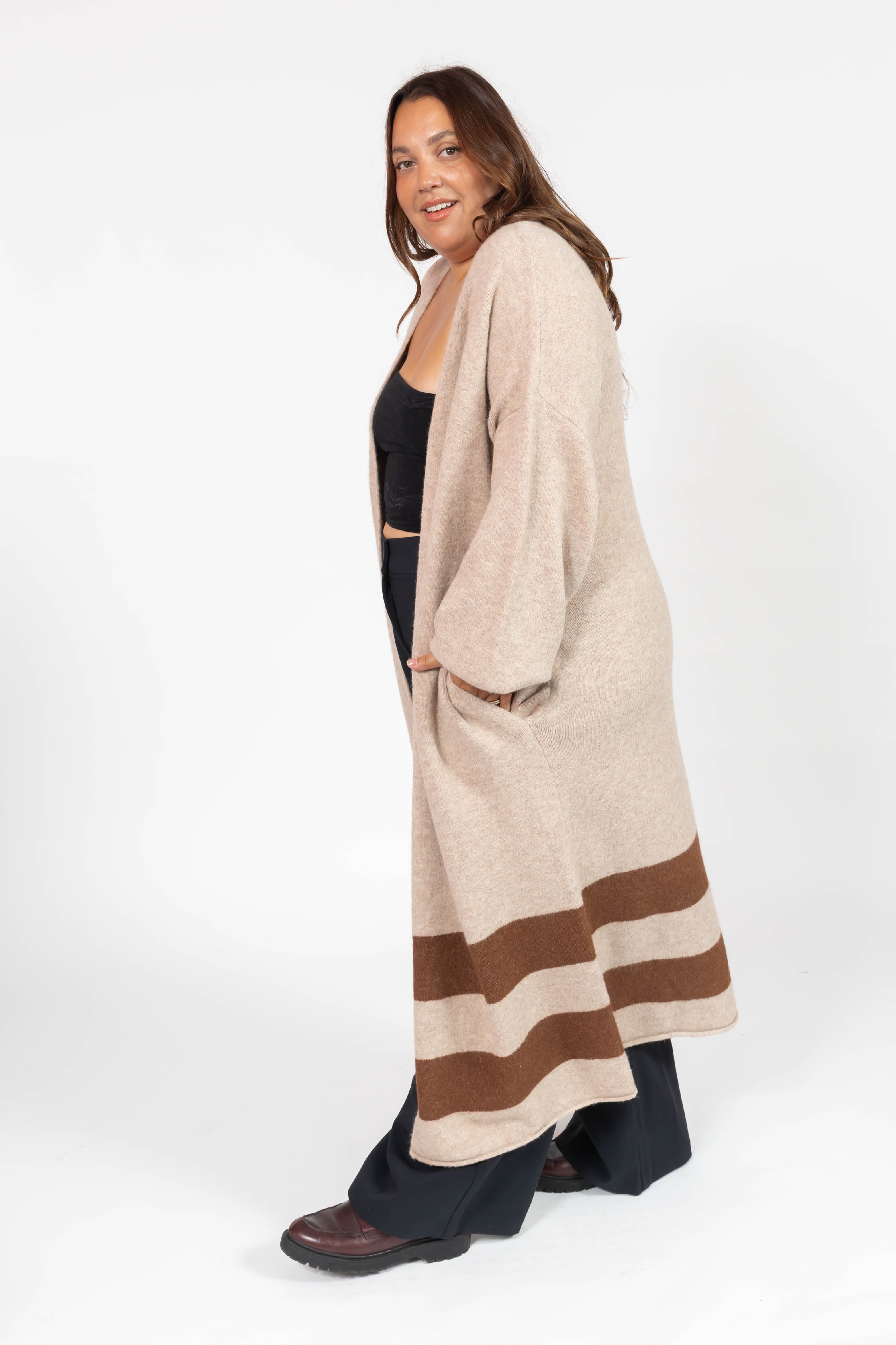 Mabel Striped Long Cardigan in Light Brown/Chestnut