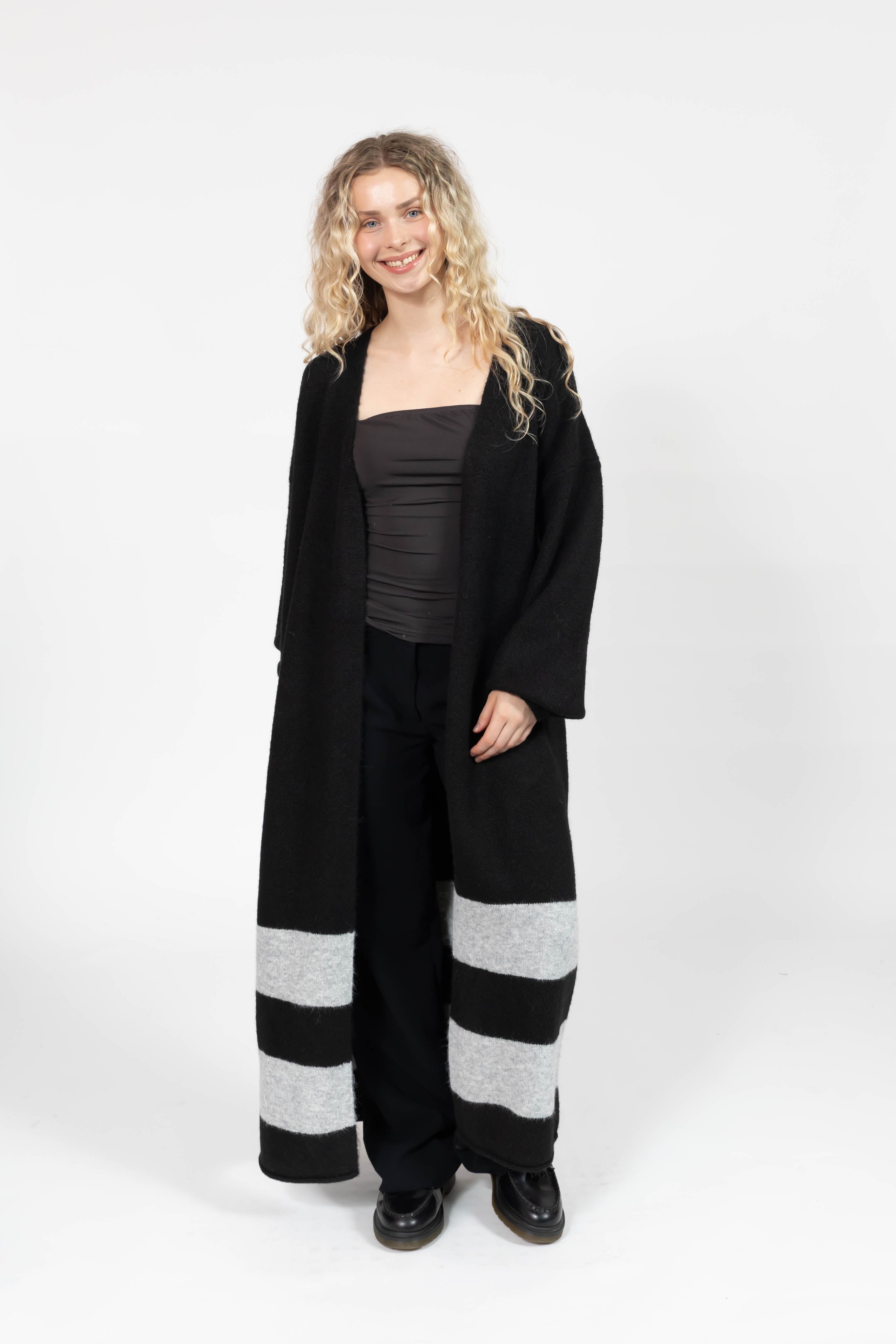 Mabel Striped Long Cardigan in Midnight Black/Grey
