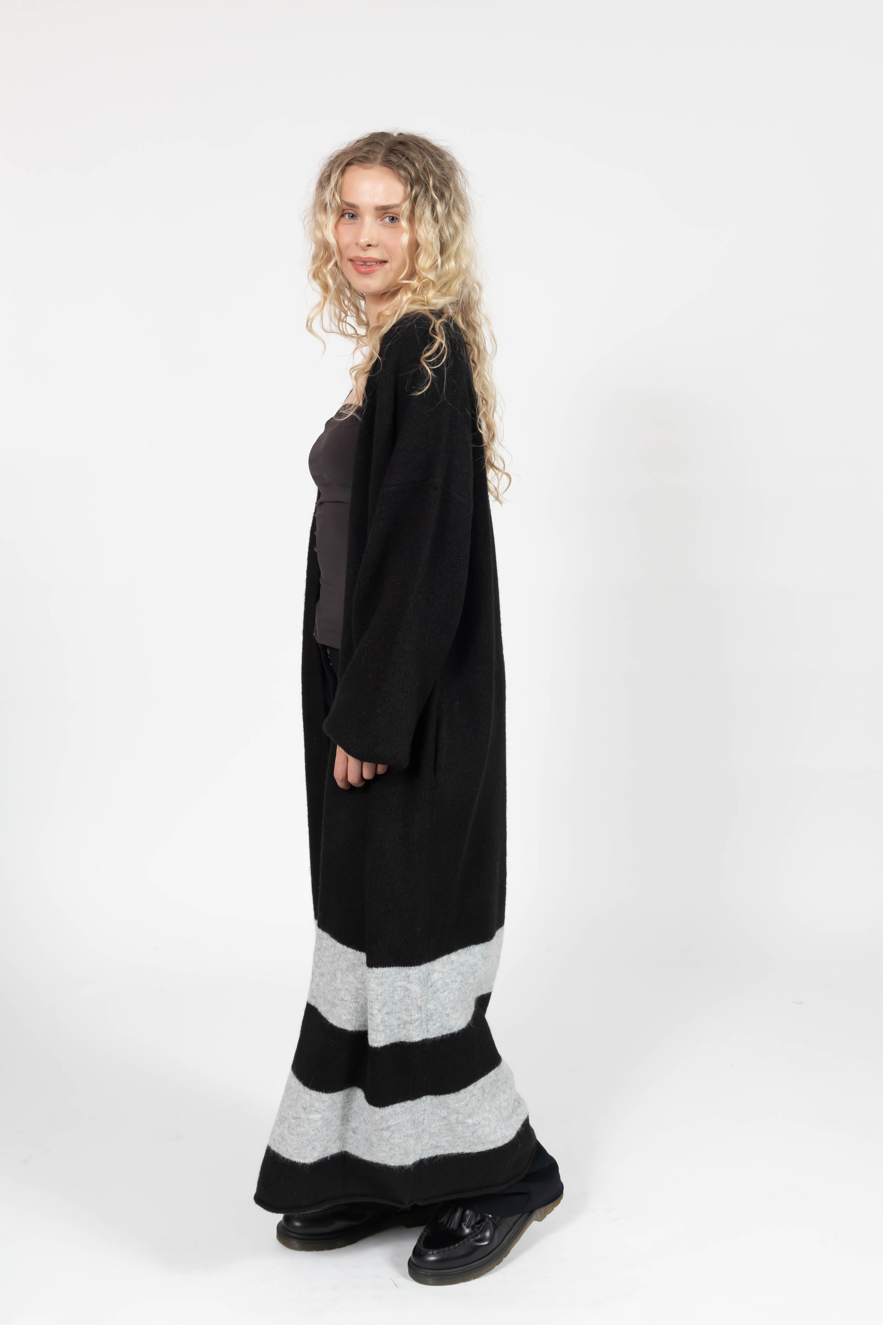Mabel Striped Long Cardigan in Midnight Black/Grey