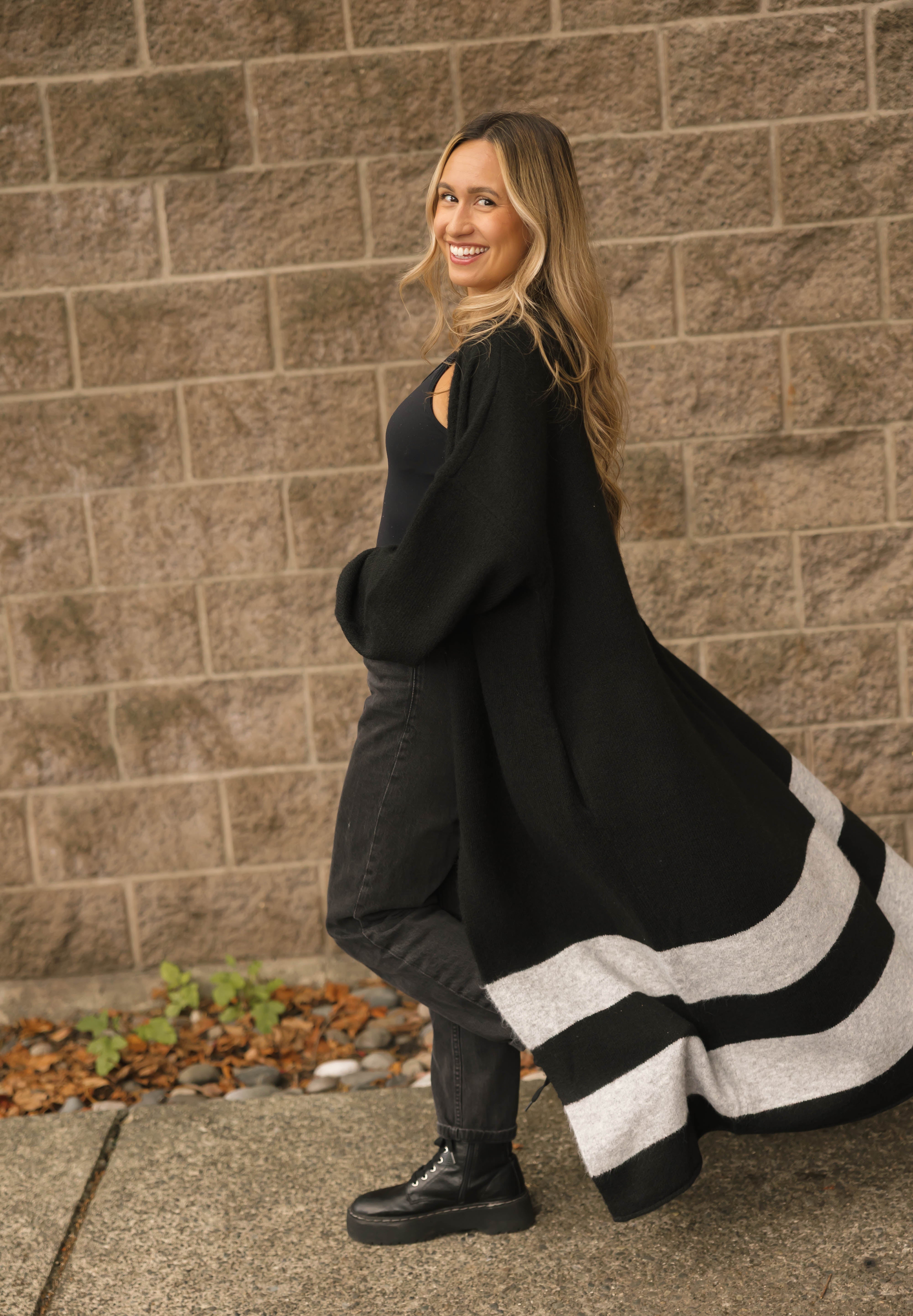 Mabel Striped Long Cardigan in Midnight Black/Grey