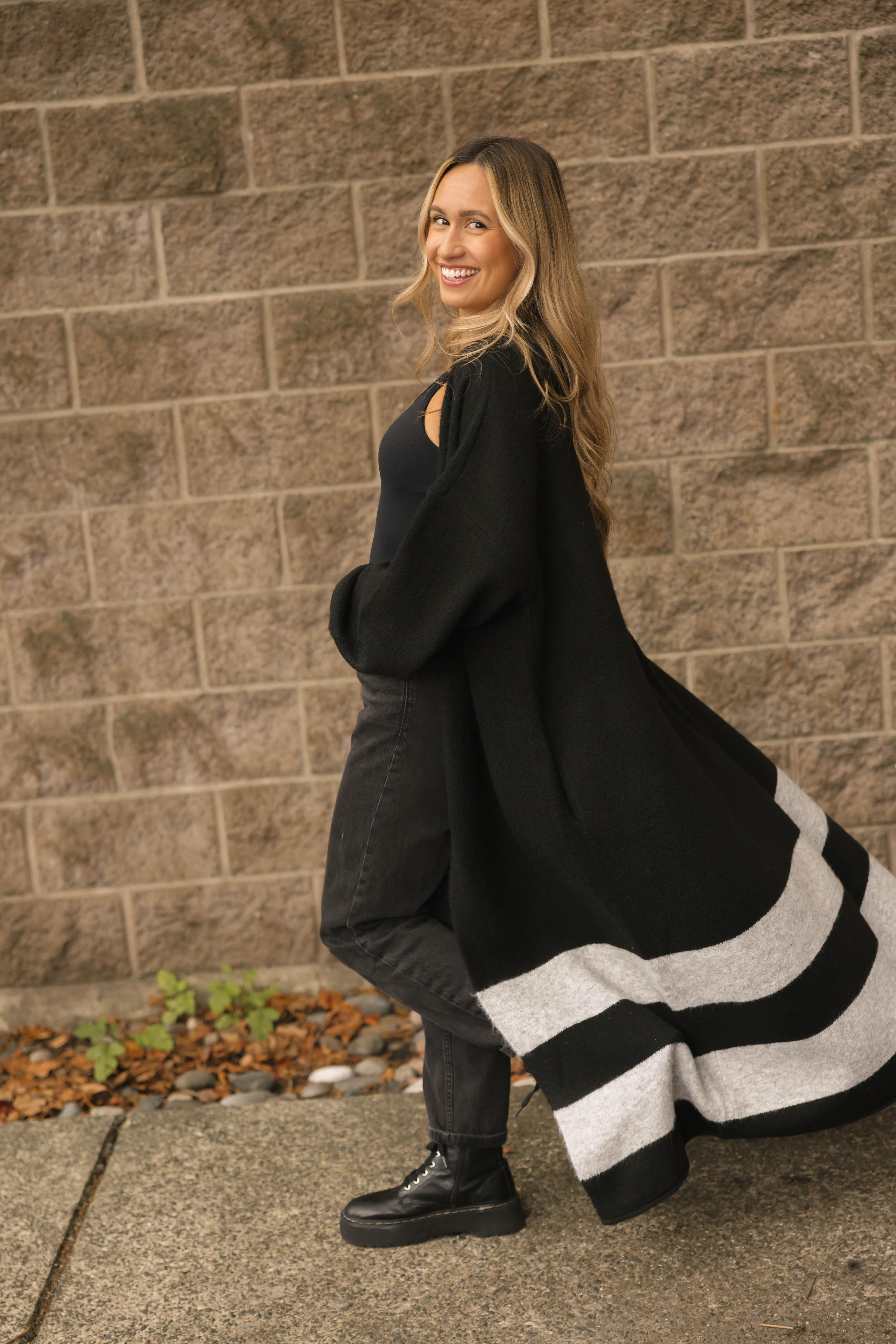 Mabel Striped Long Cardigan in Midnight Black/Grey