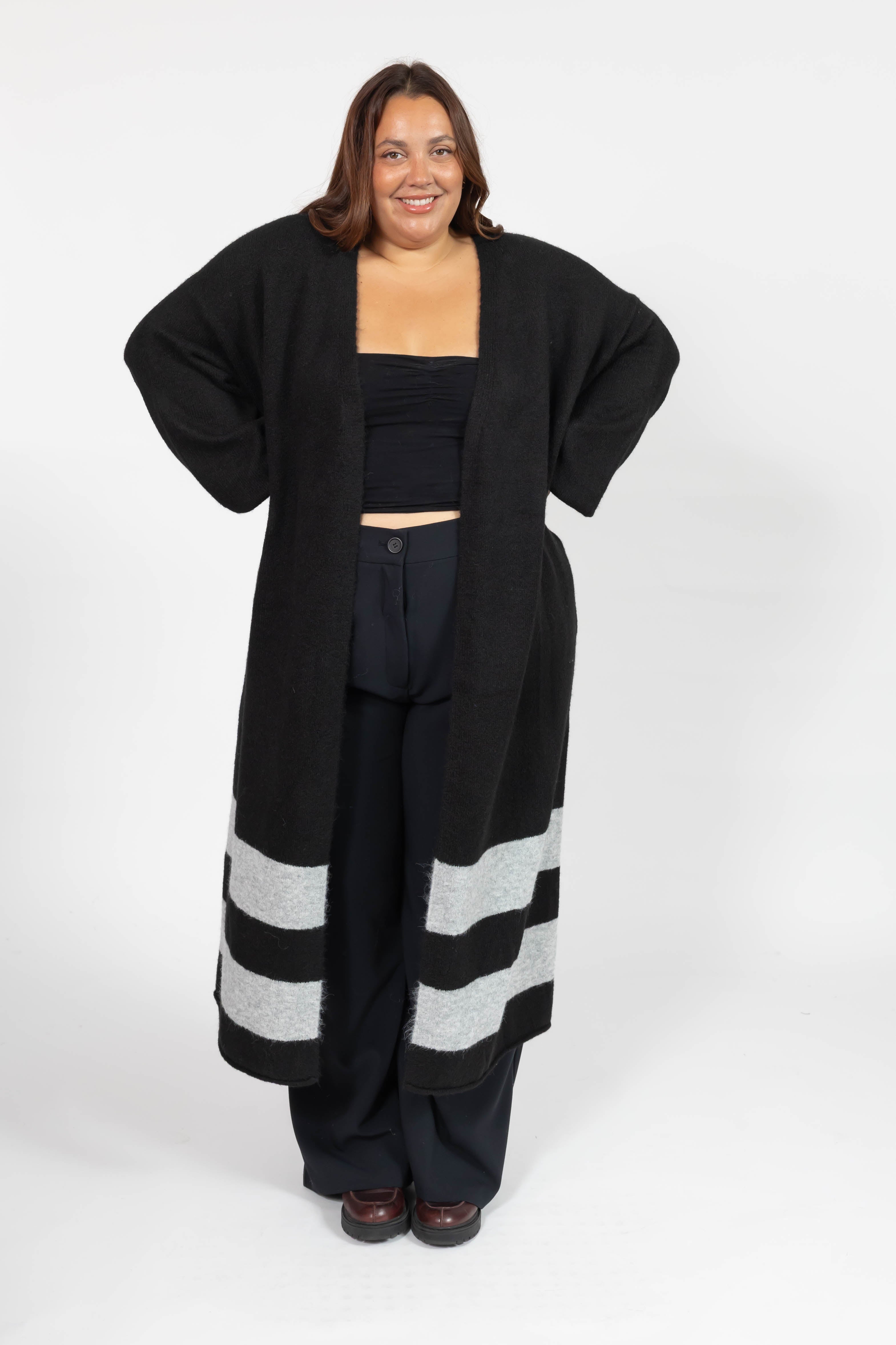 Mabel Striped Long Cardigan in Midnight Black/Grey