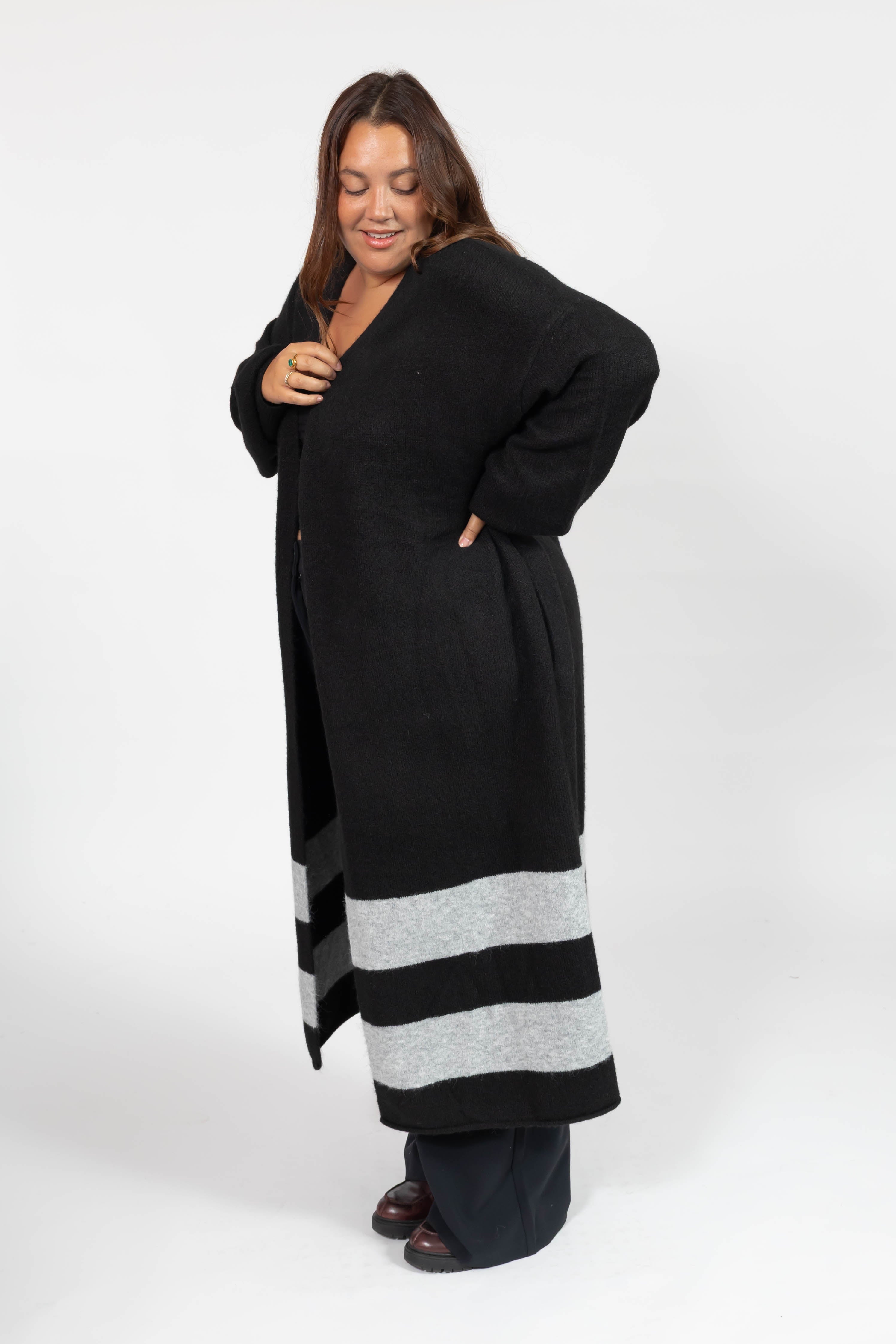 Mabel Striped Long Cardigan in Midnight Black/Grey