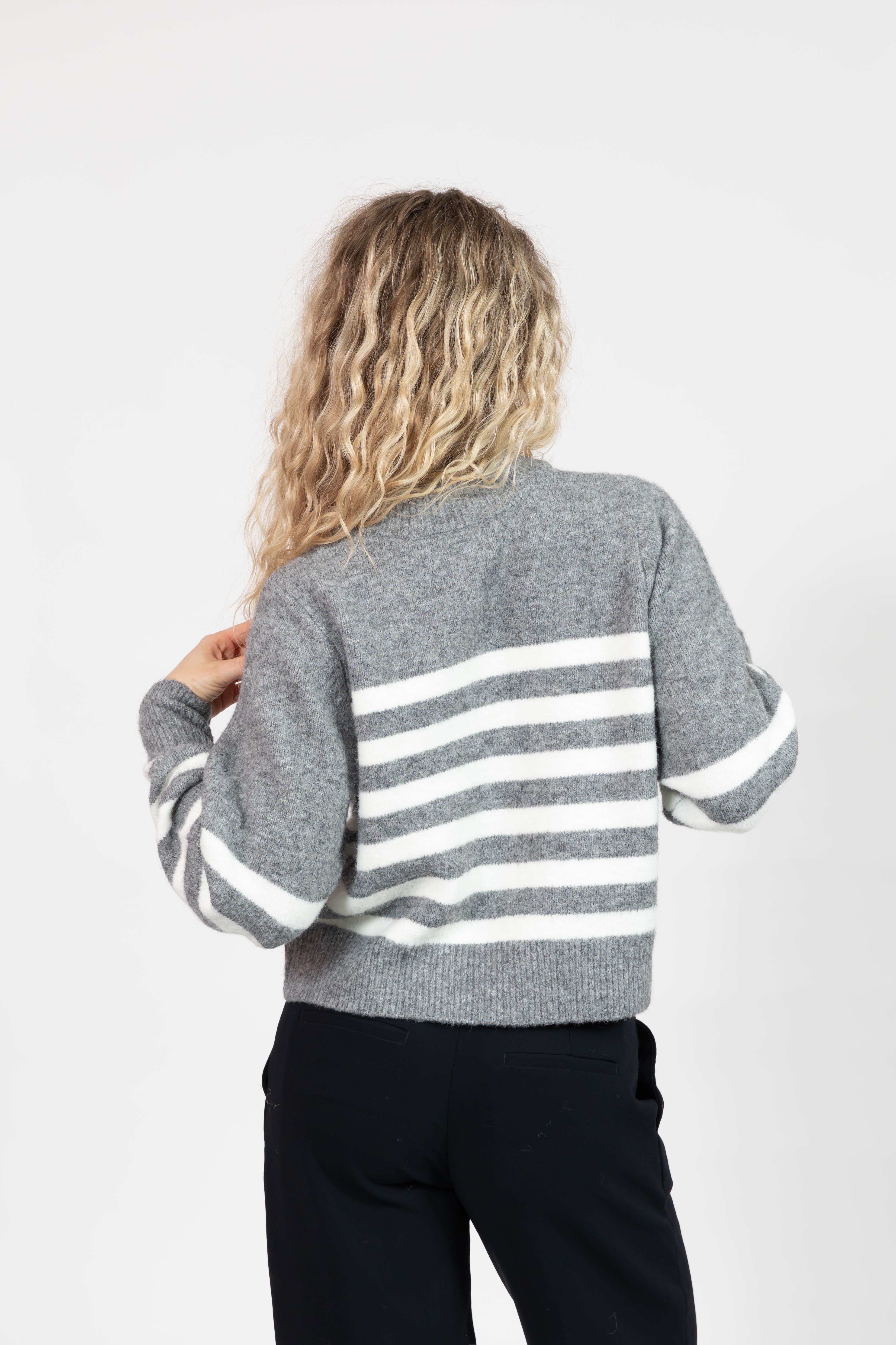 Mabel Striped Short Cardigan in Heather Grey/Ivory