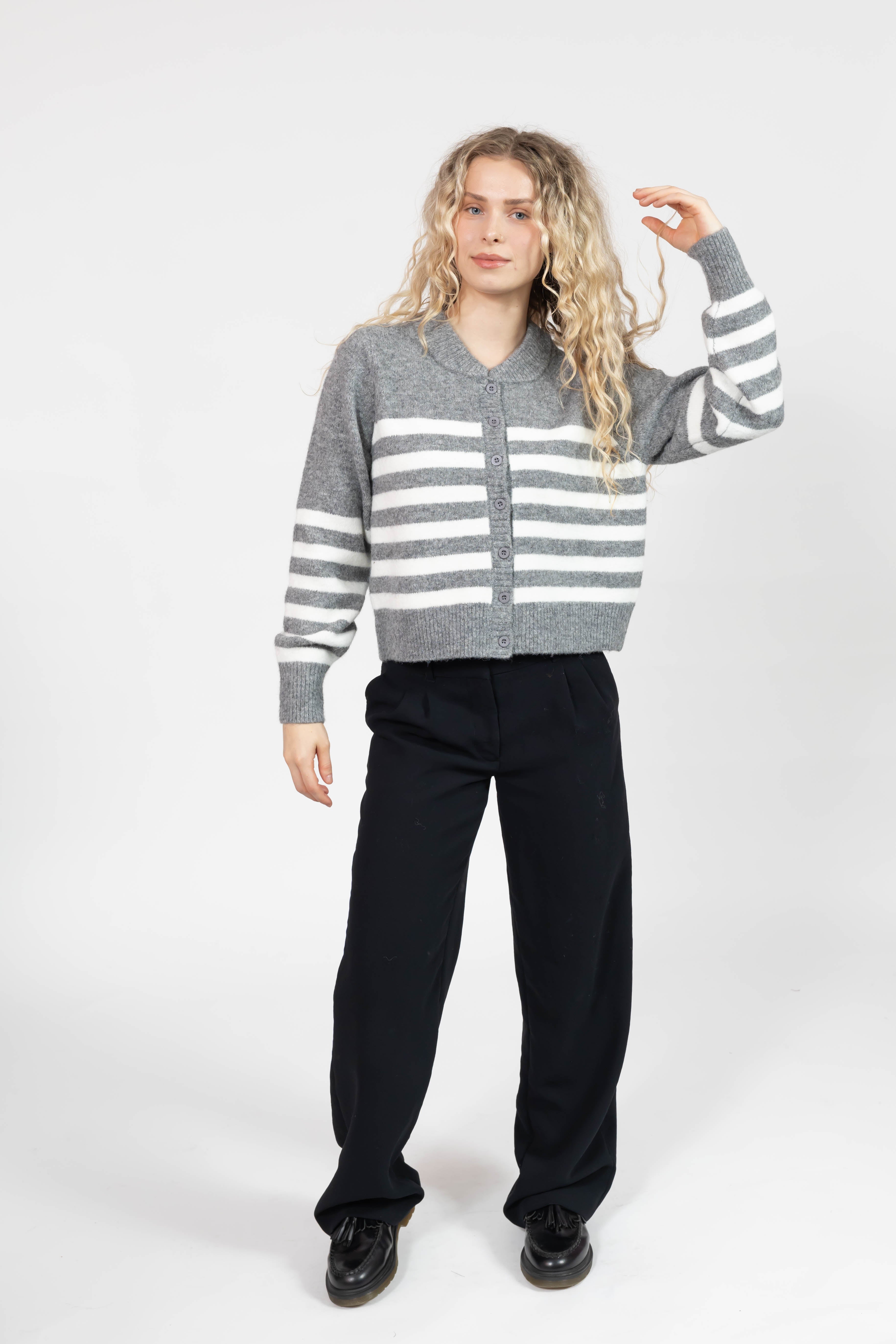 Mabel Striped Short Cardigan in Heather Grey/Ivory