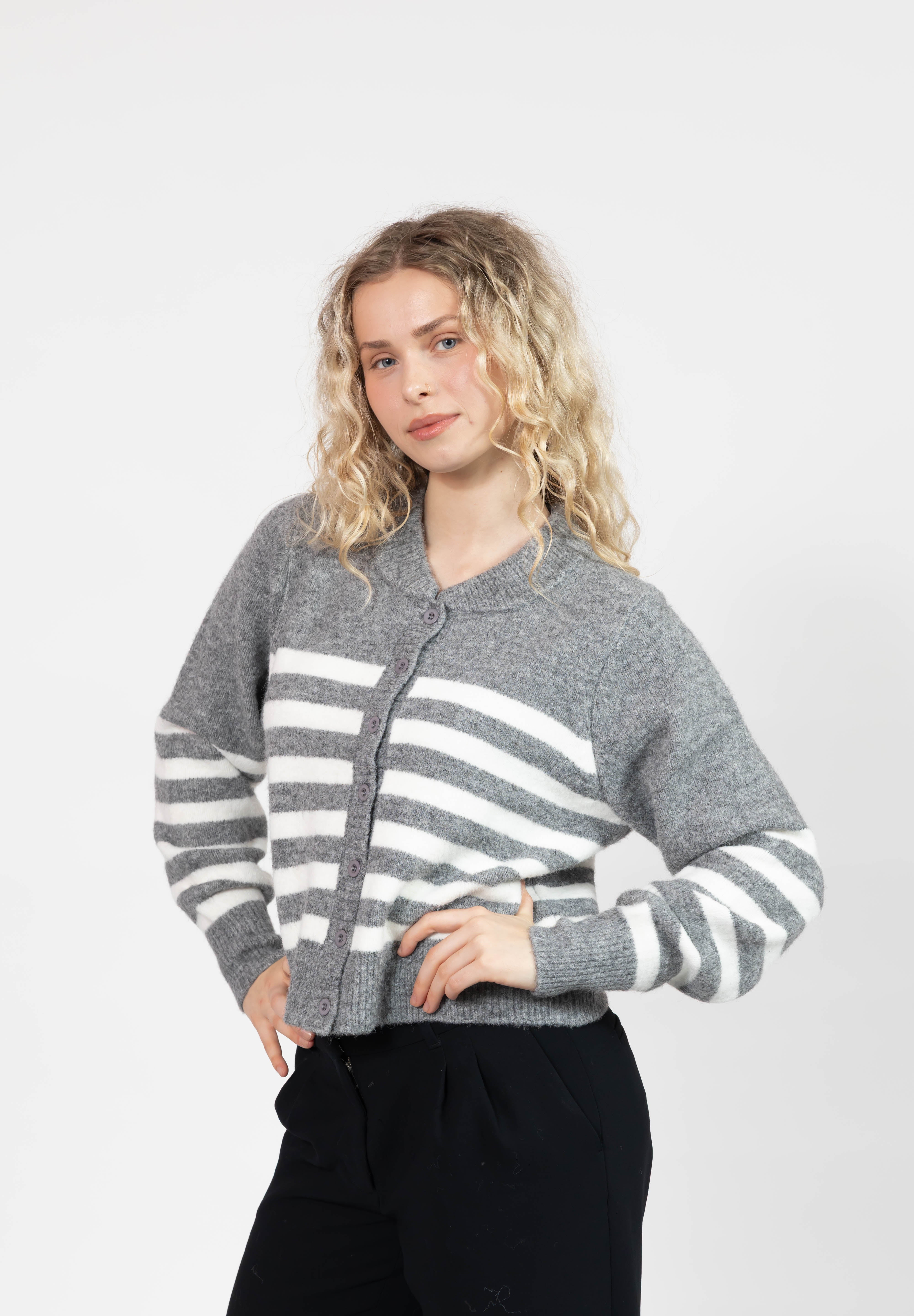 Mabel Striped Short Cardigan in Heather Grey/Ivory