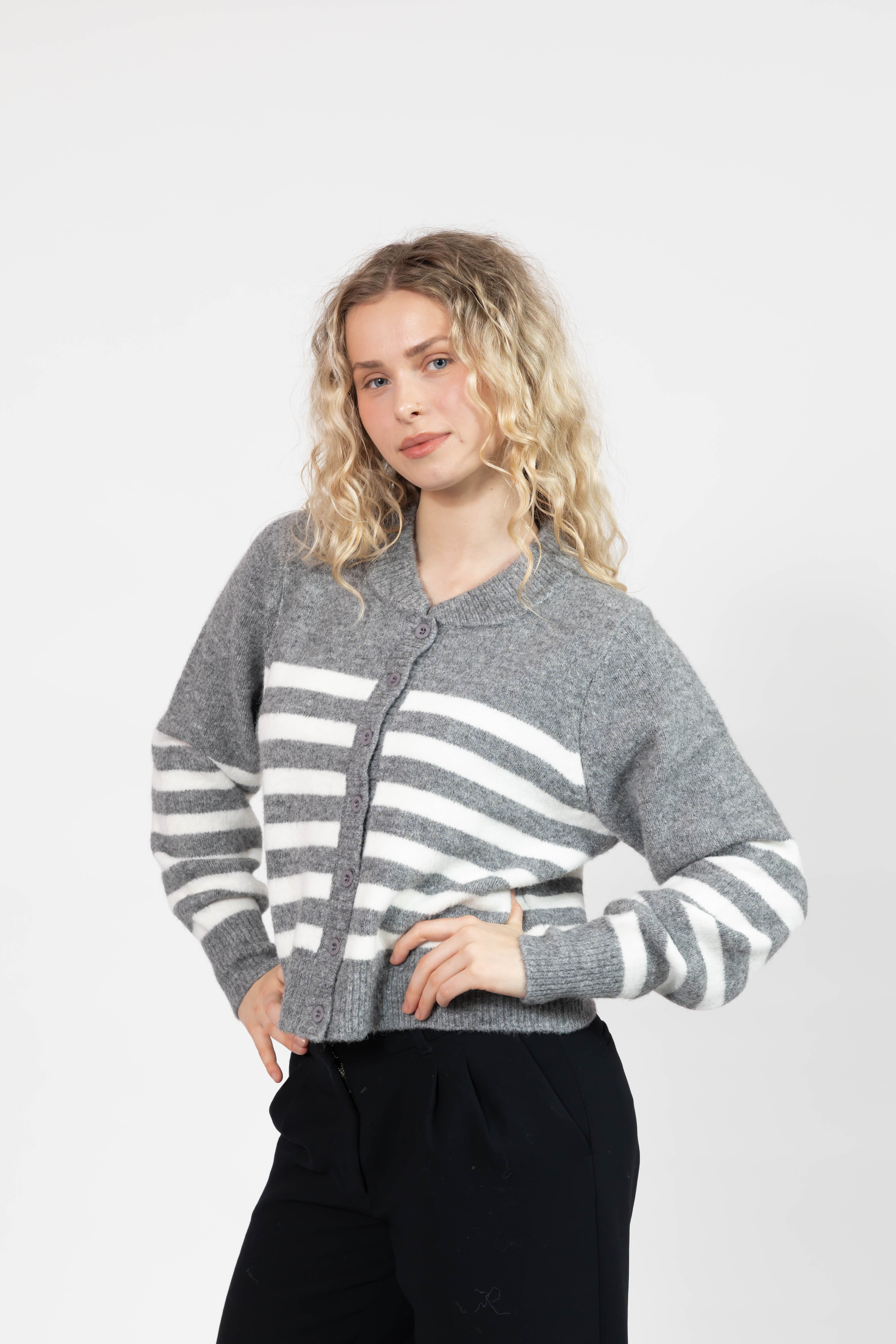 Mabel Striped Short Cardigan in Heather Grey/Ivory
