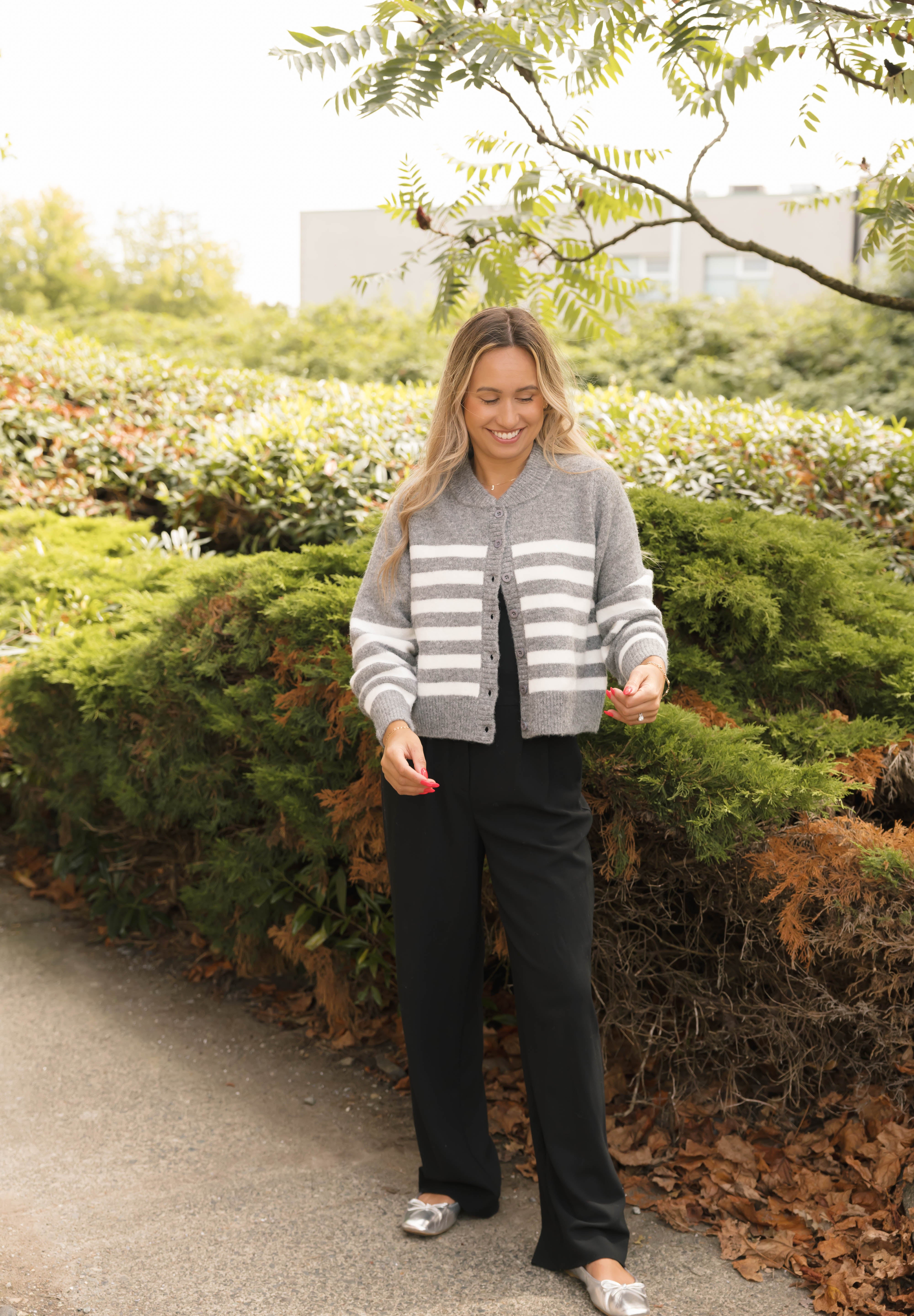 Mabel Striped Short Cardigan in Heather Grey/Ivory