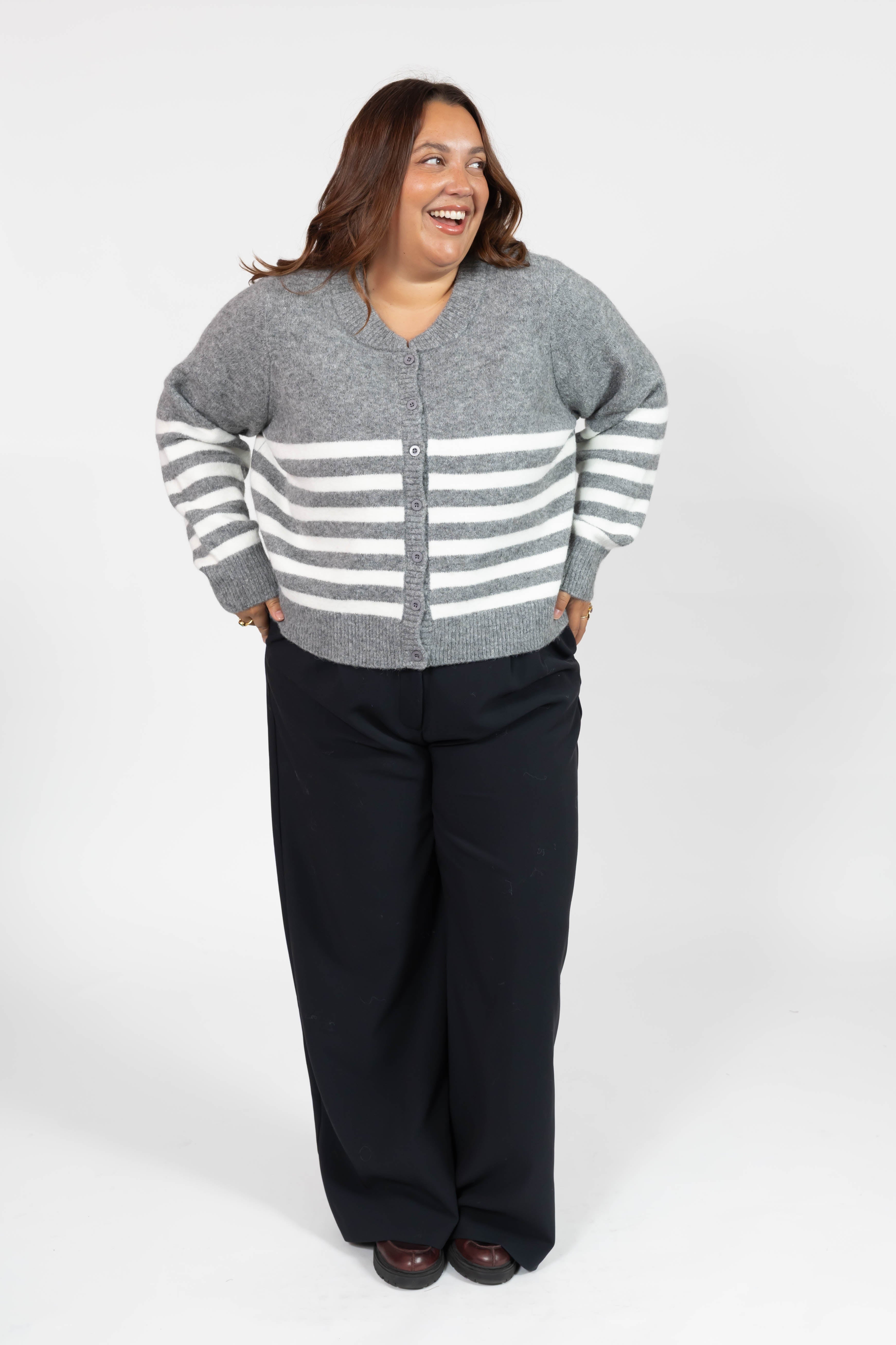 Mabel Striped Short Cardigan in Heather Grey/Ivory