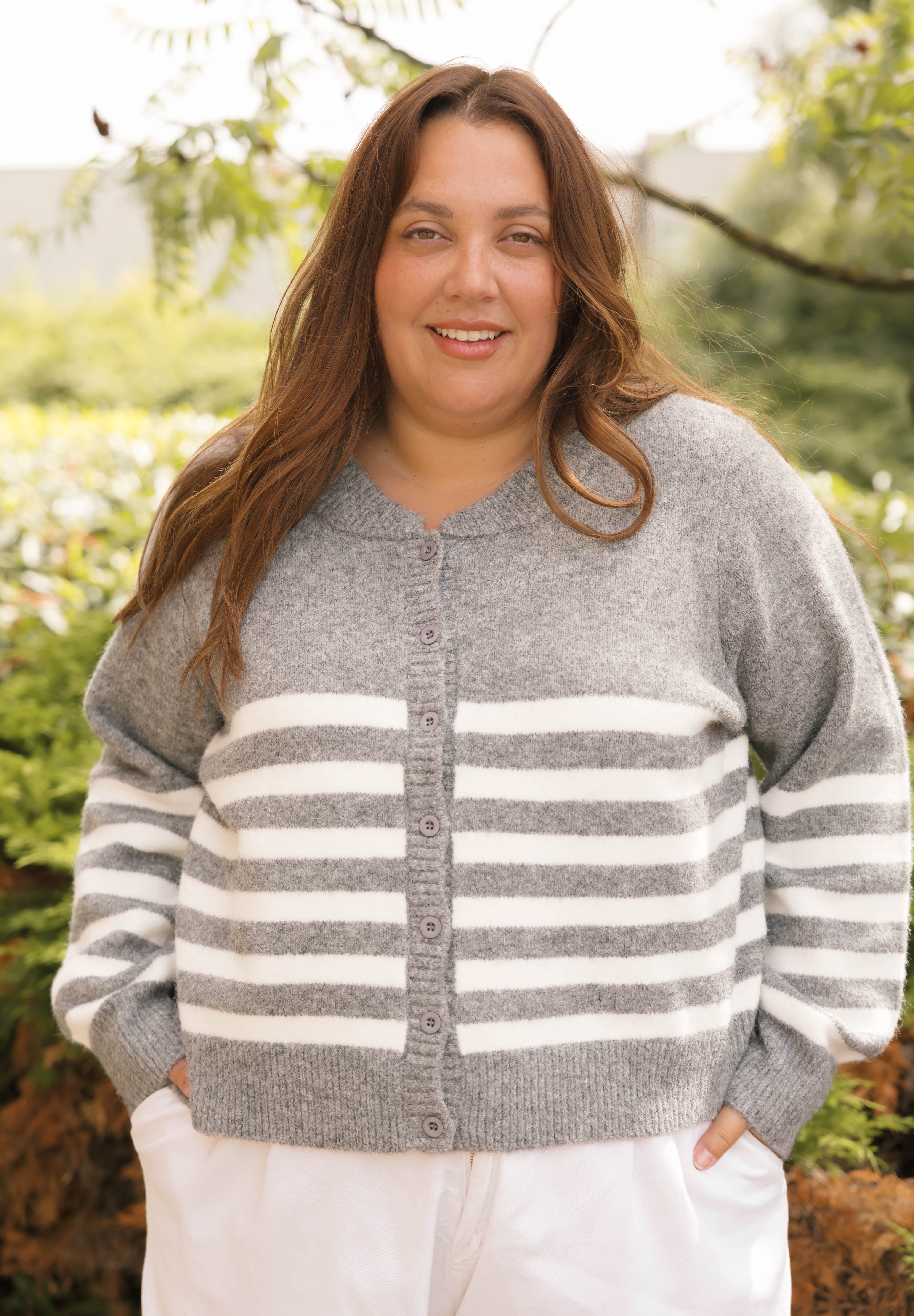Mabel Striped Short Cardigan in Heather Grey/Ivory