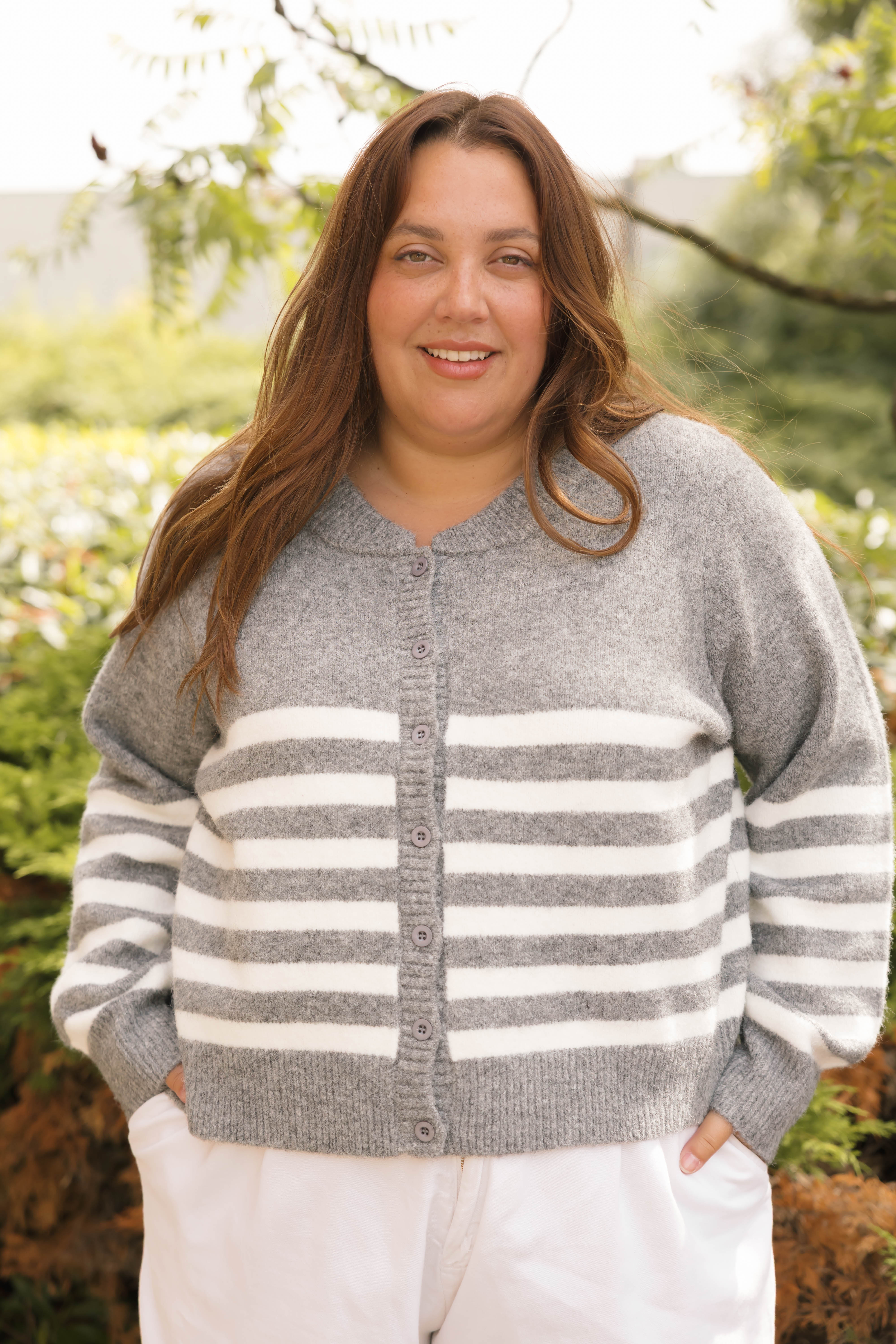Mabel Striped Short Cardigan in Heather Grey/Ivory