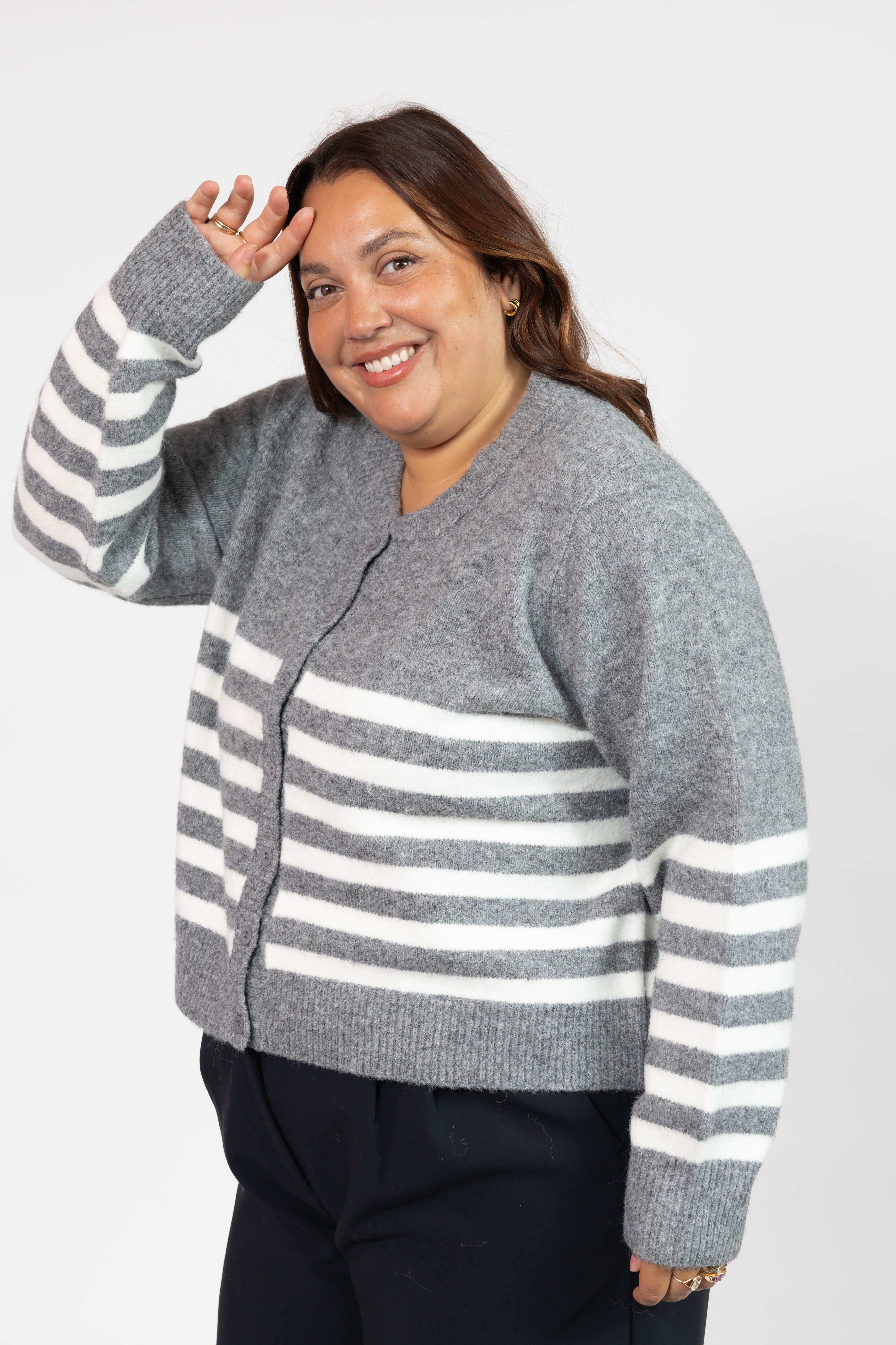 Mabel Striped Short Cardigan in Heather Grey/Ivory