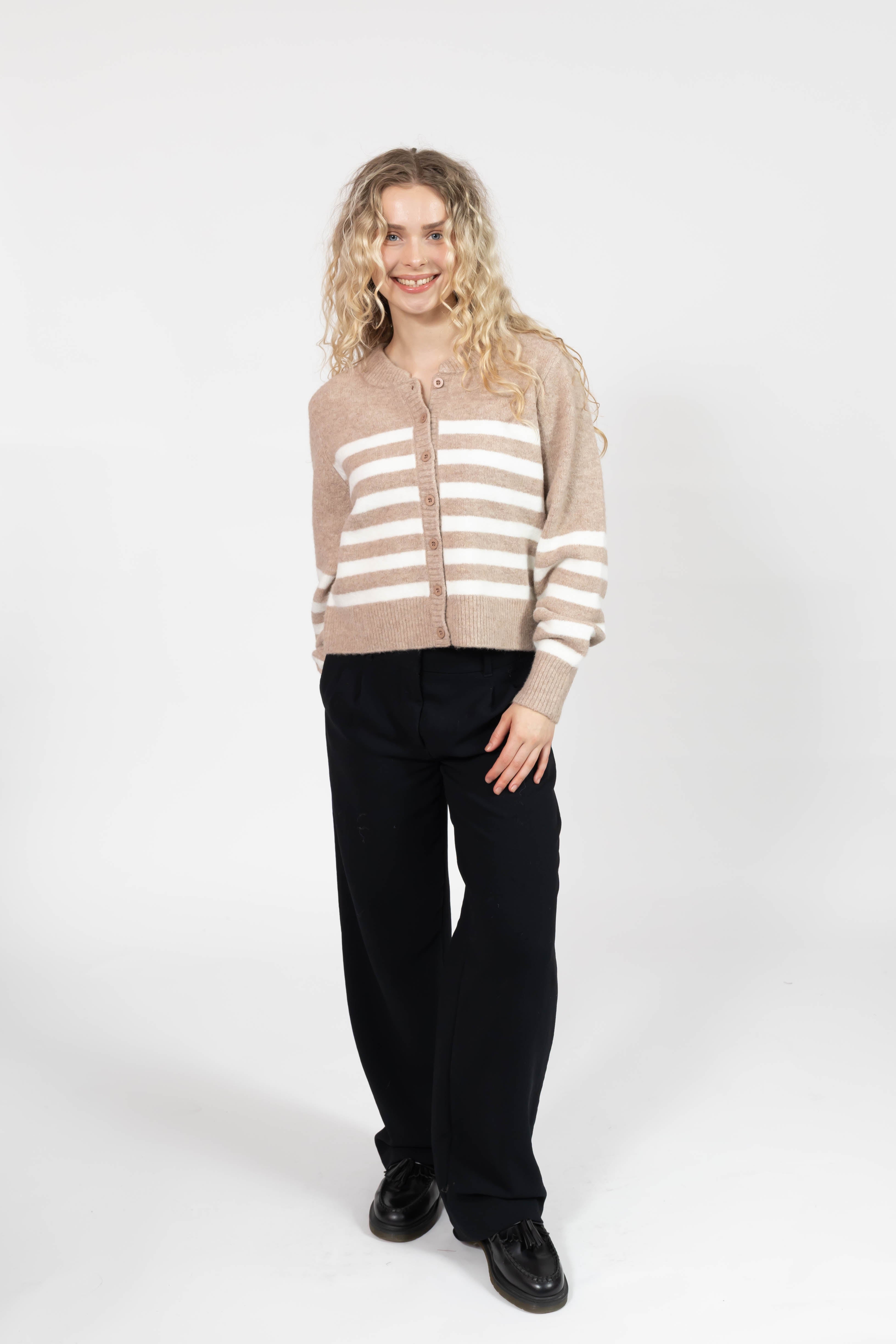 Mabel Striped Short Cardigan in Light Brown/Ivory