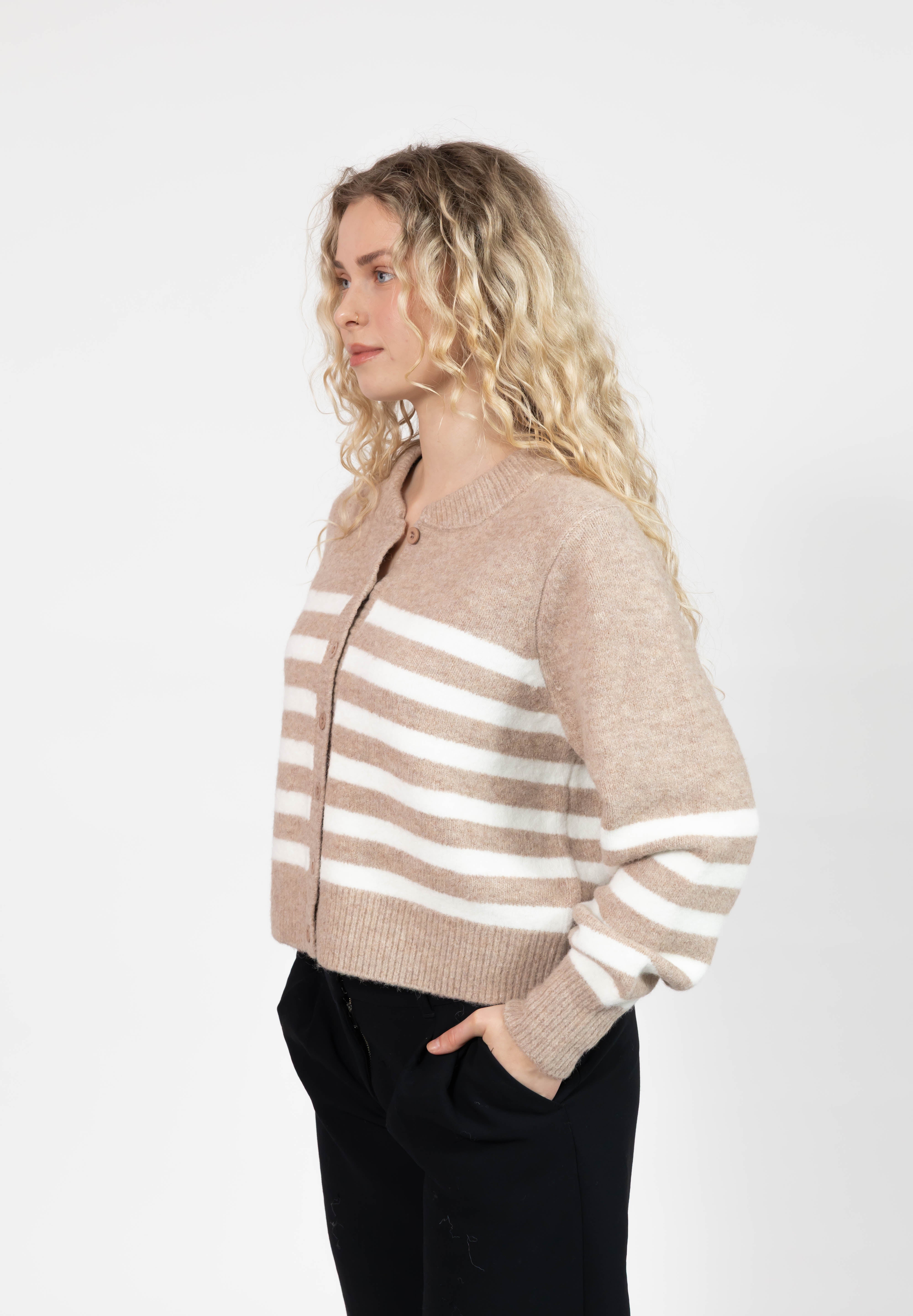 Mabel Striped Short Cardigan in Light Brown/Ivory