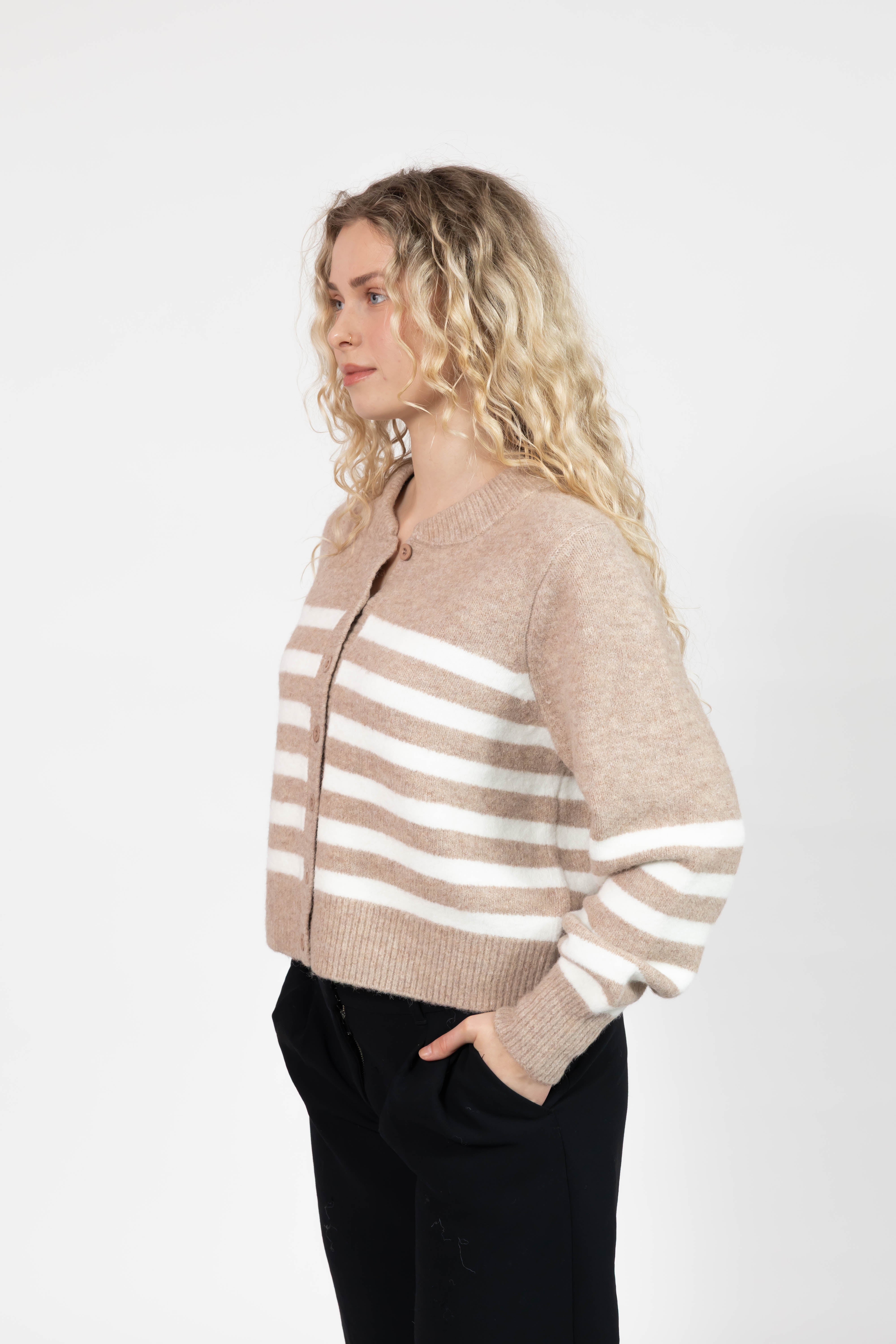 Mabel Striped Short Cardigan in Light Brown/Ivory