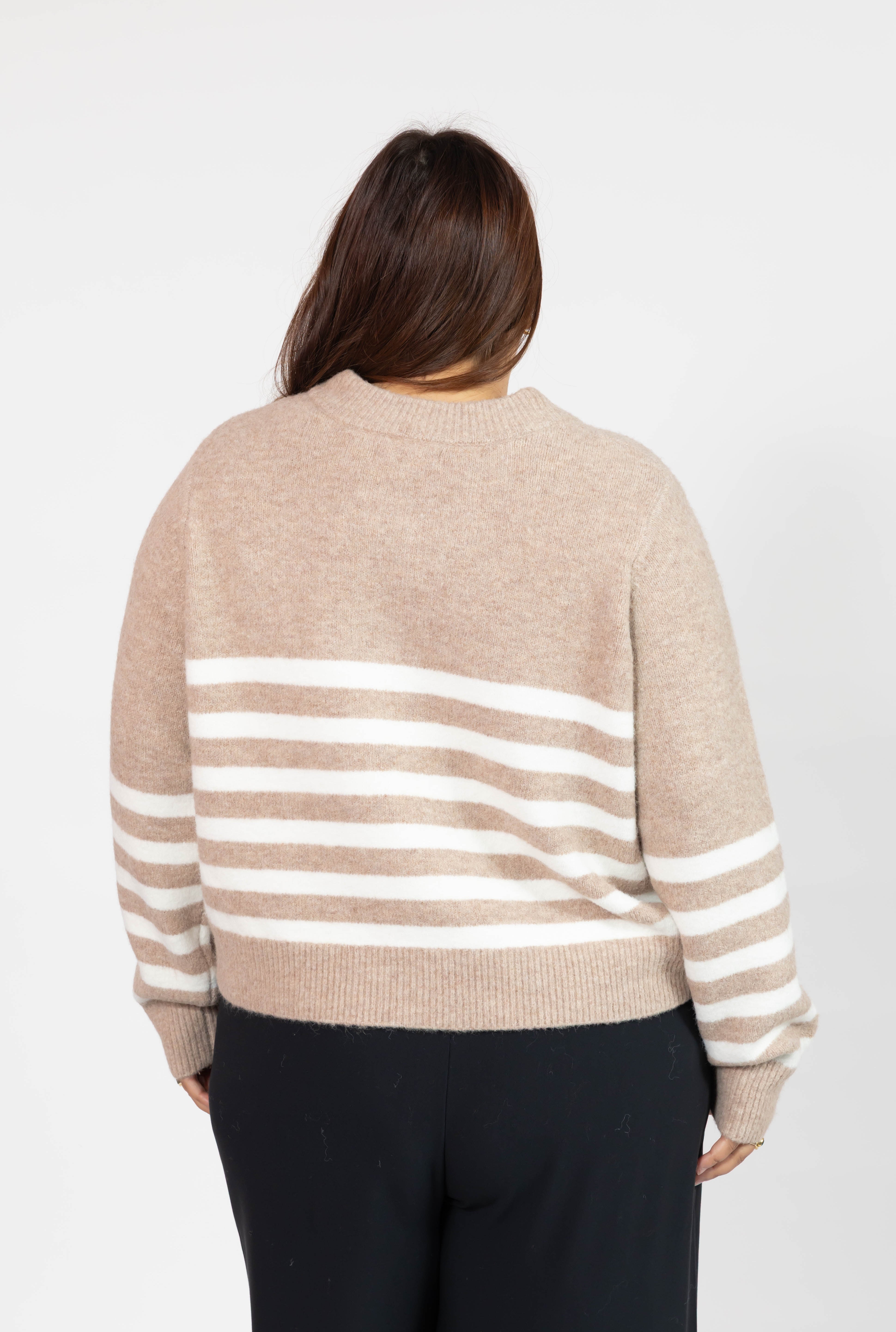Mabel Striped Short Cardigan in Light Brown/Ivory