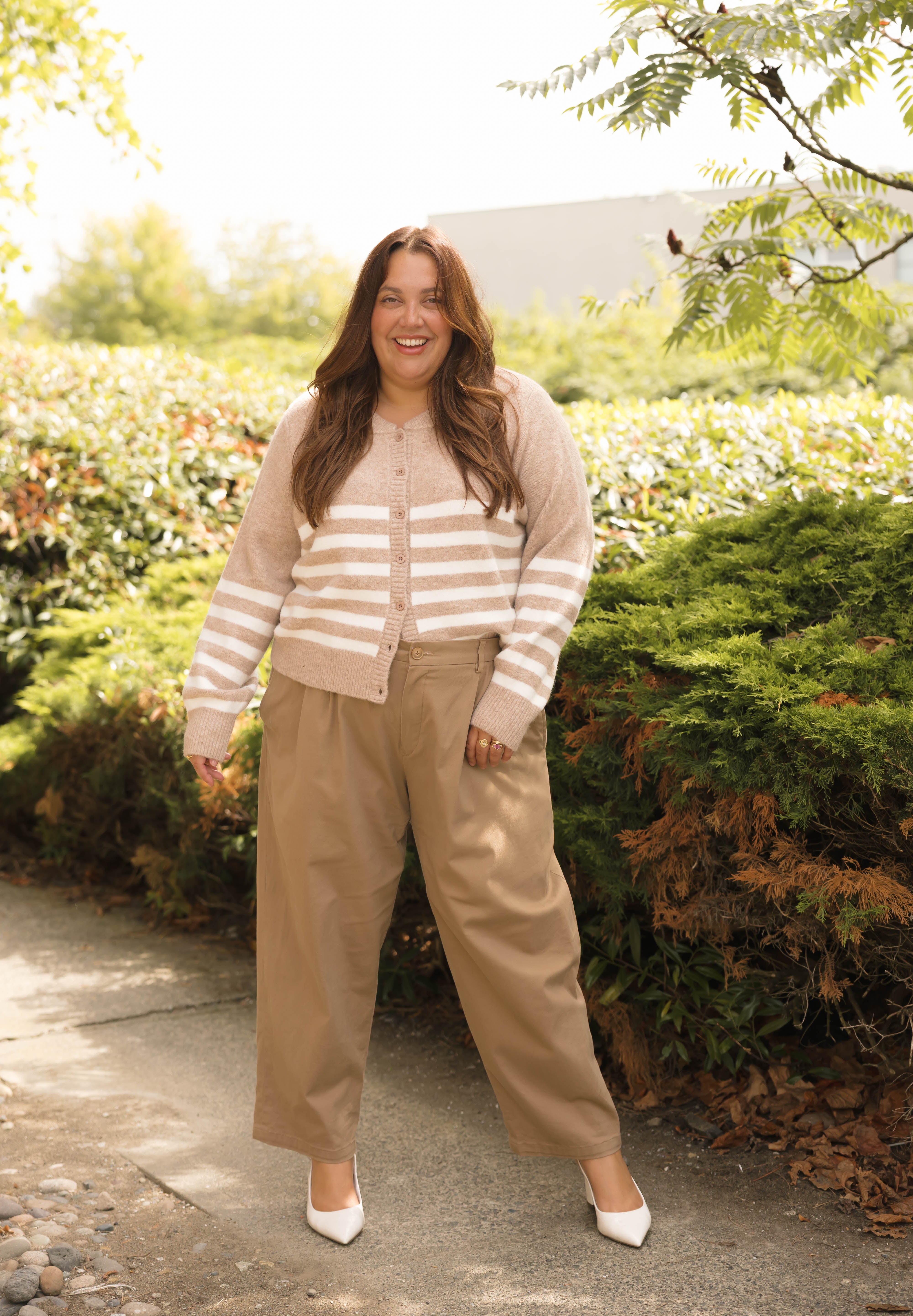 Mabel Striped Short Cardigan in Light Brown/Ivory