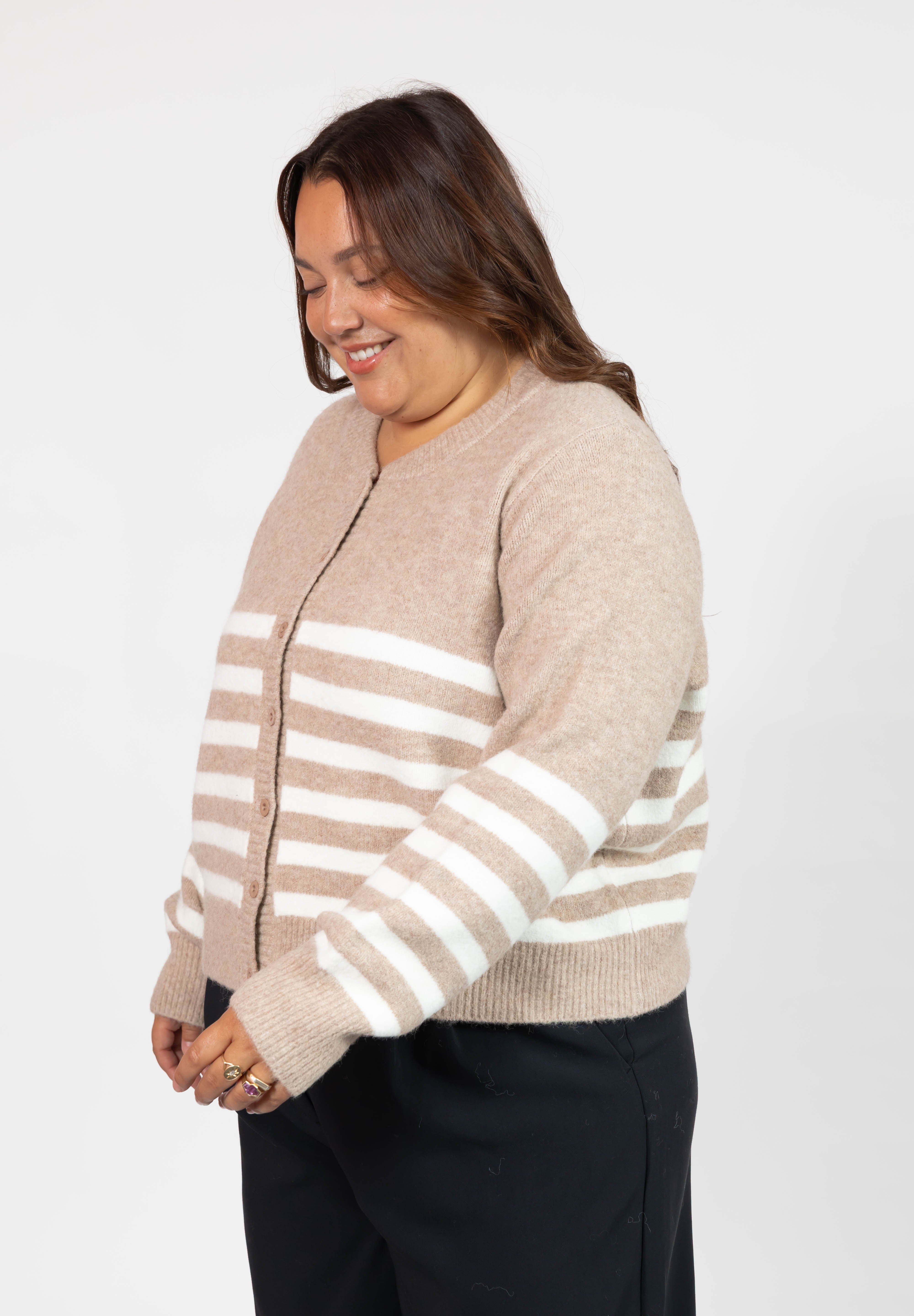 Mabel Striped Short Cardigan in Light Brown/Ivory