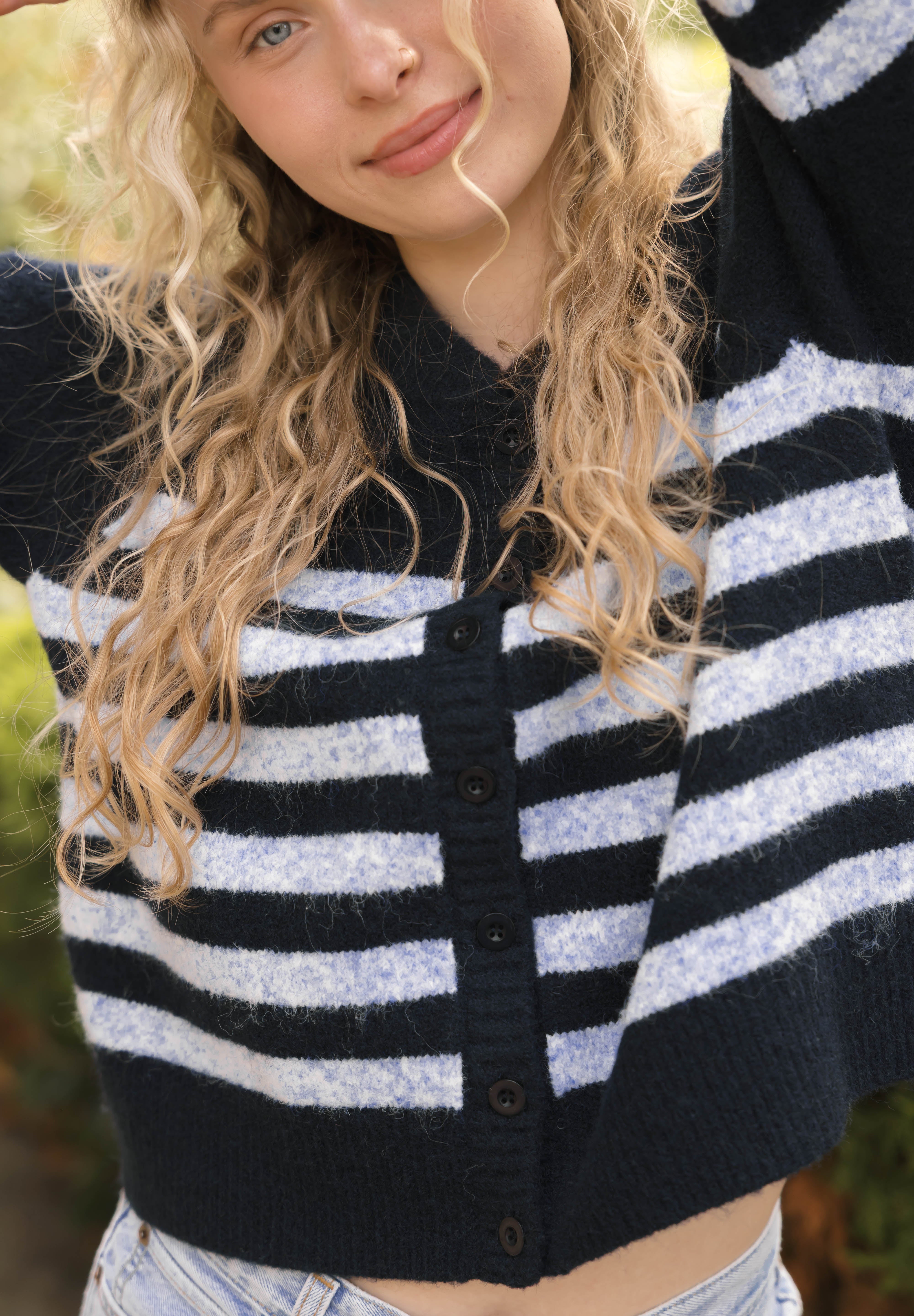 Mabel Striped Short Cardigan in Navy/Blue