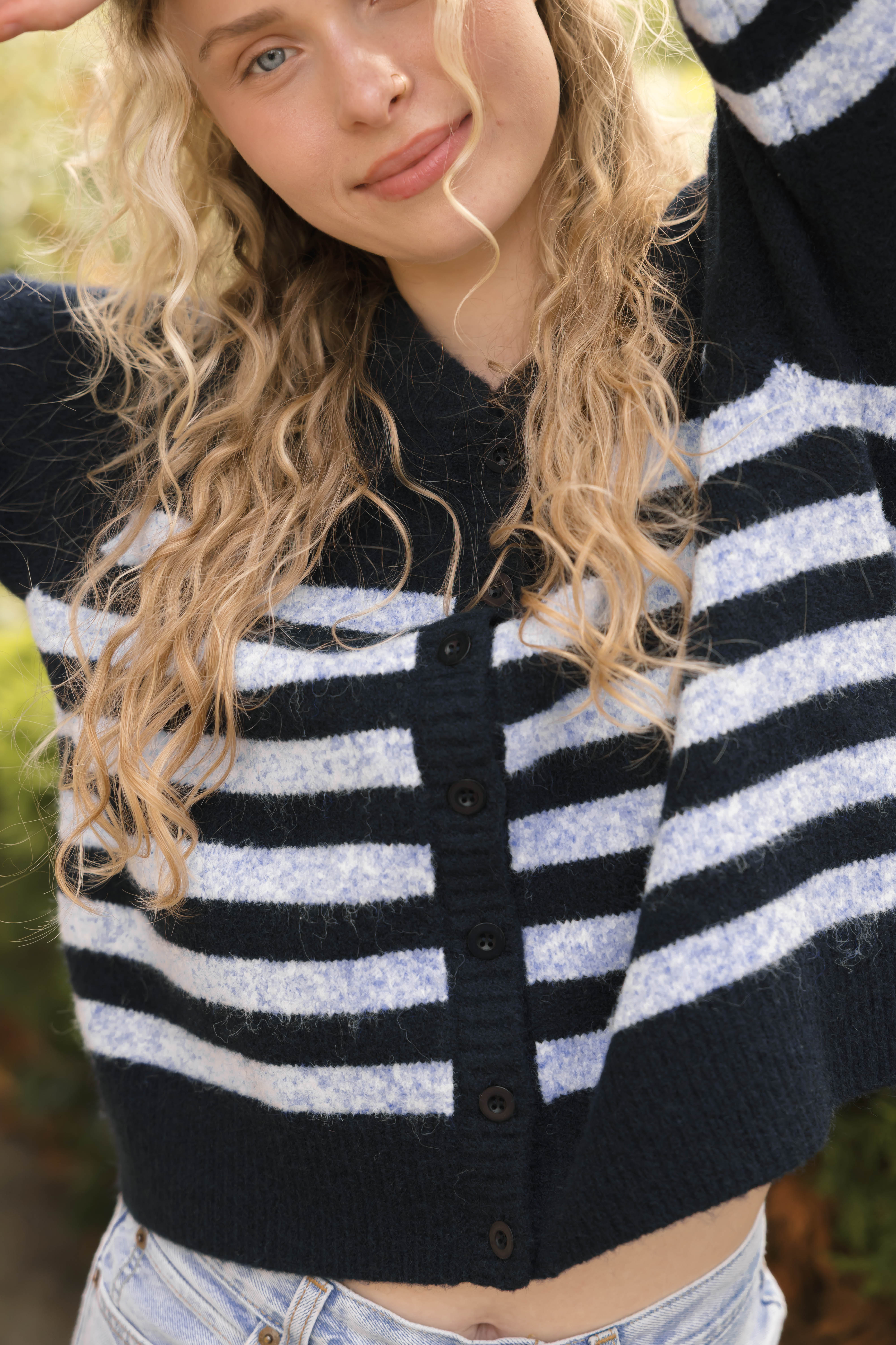 Mabel Striped Short Cardigan in Navy/Blue