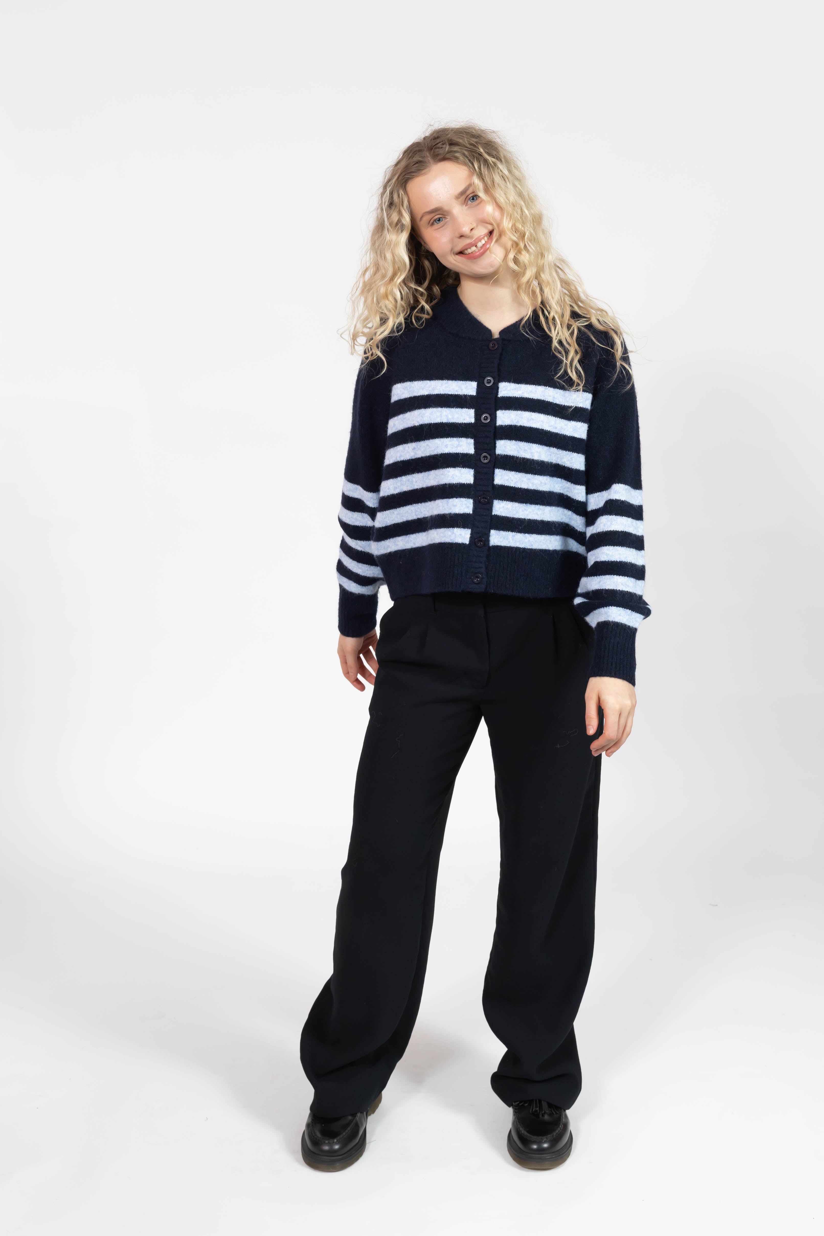 Mabel Striped Short Cardigan in Navy/Blue