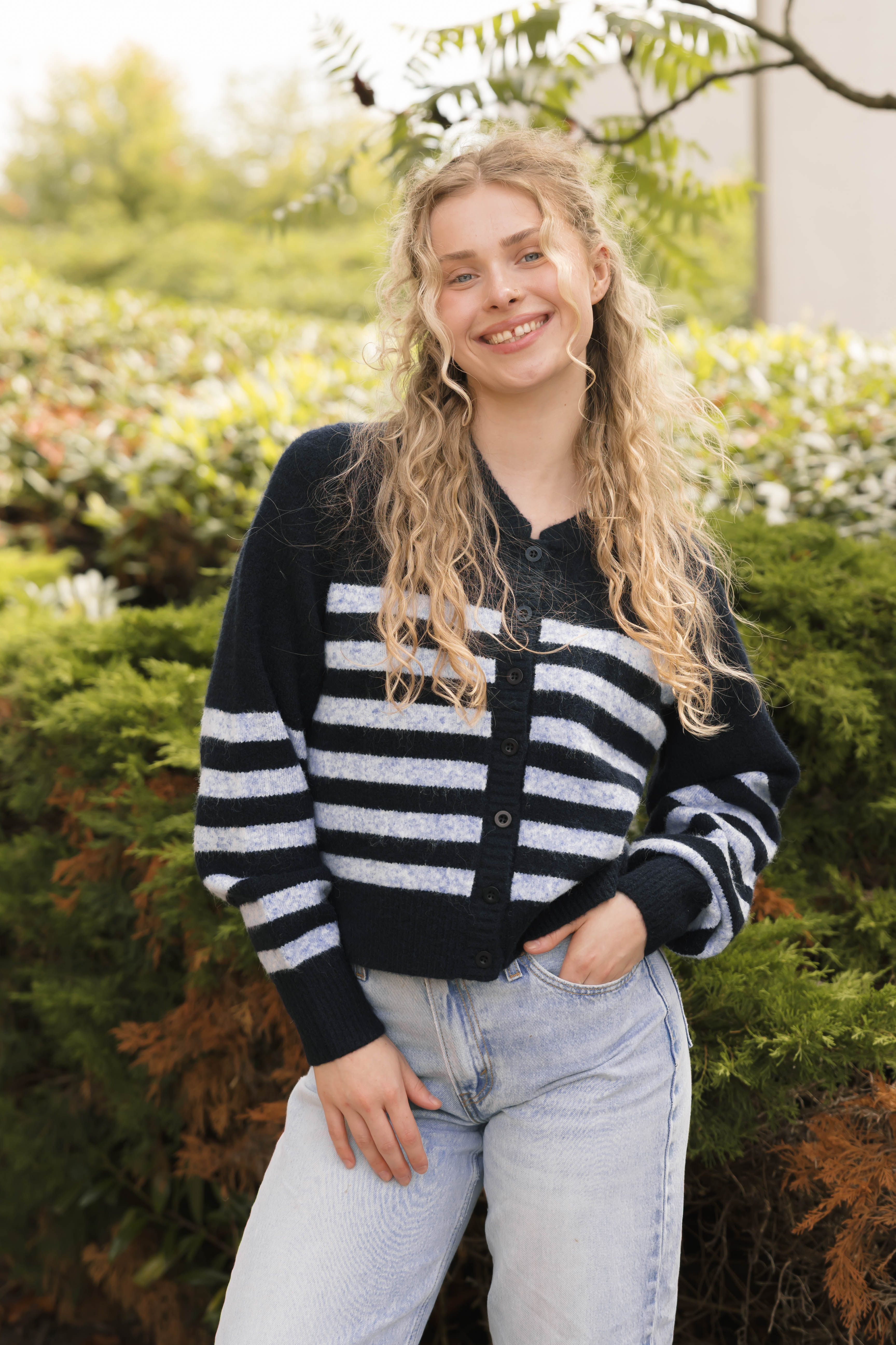 Mabel Striped Short Cardigan in Navy/Blue