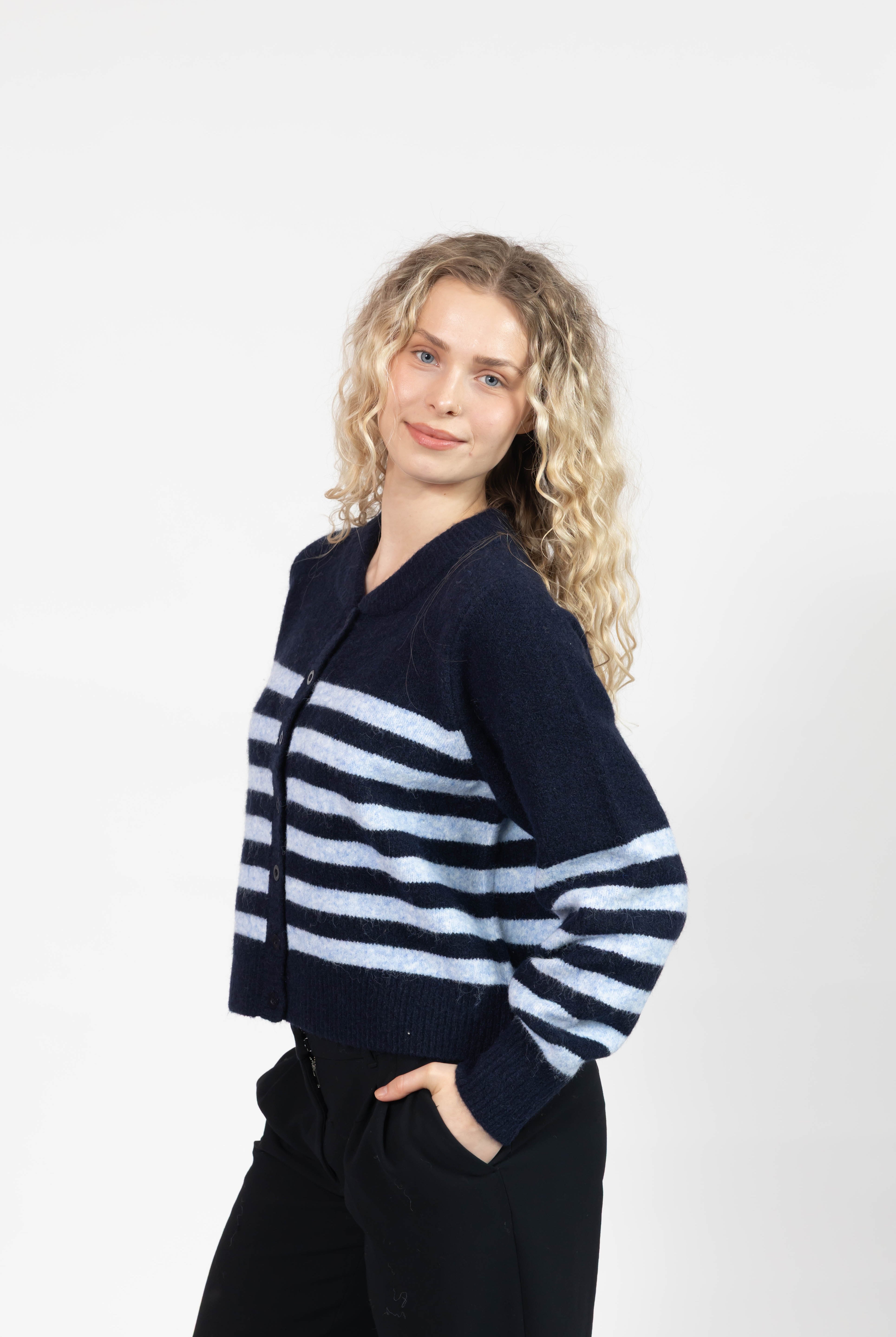 Mabel Striped Short Cardigan in Navy/Blue