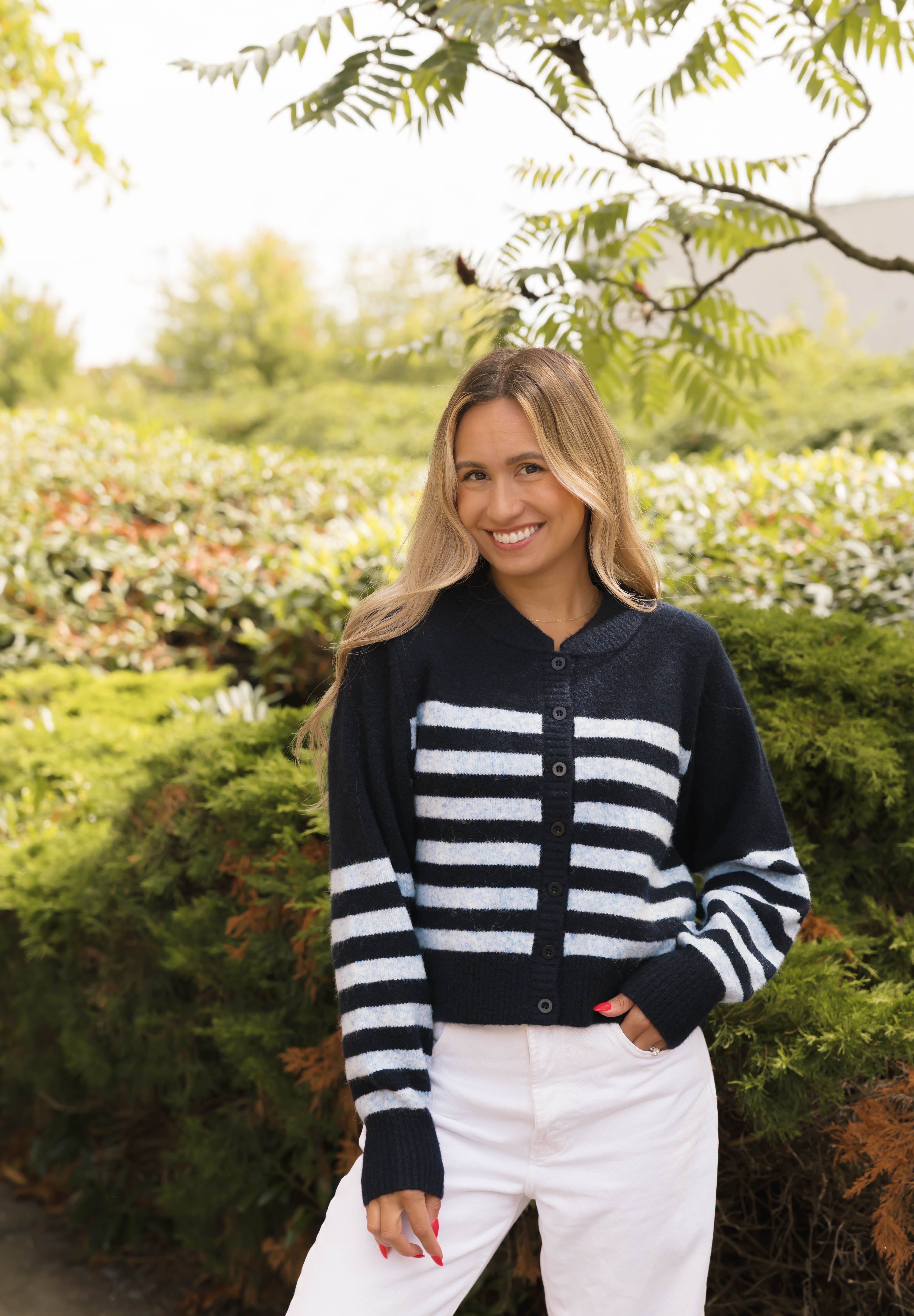 Mabel Striped Short Cardigan in Navy/Blue