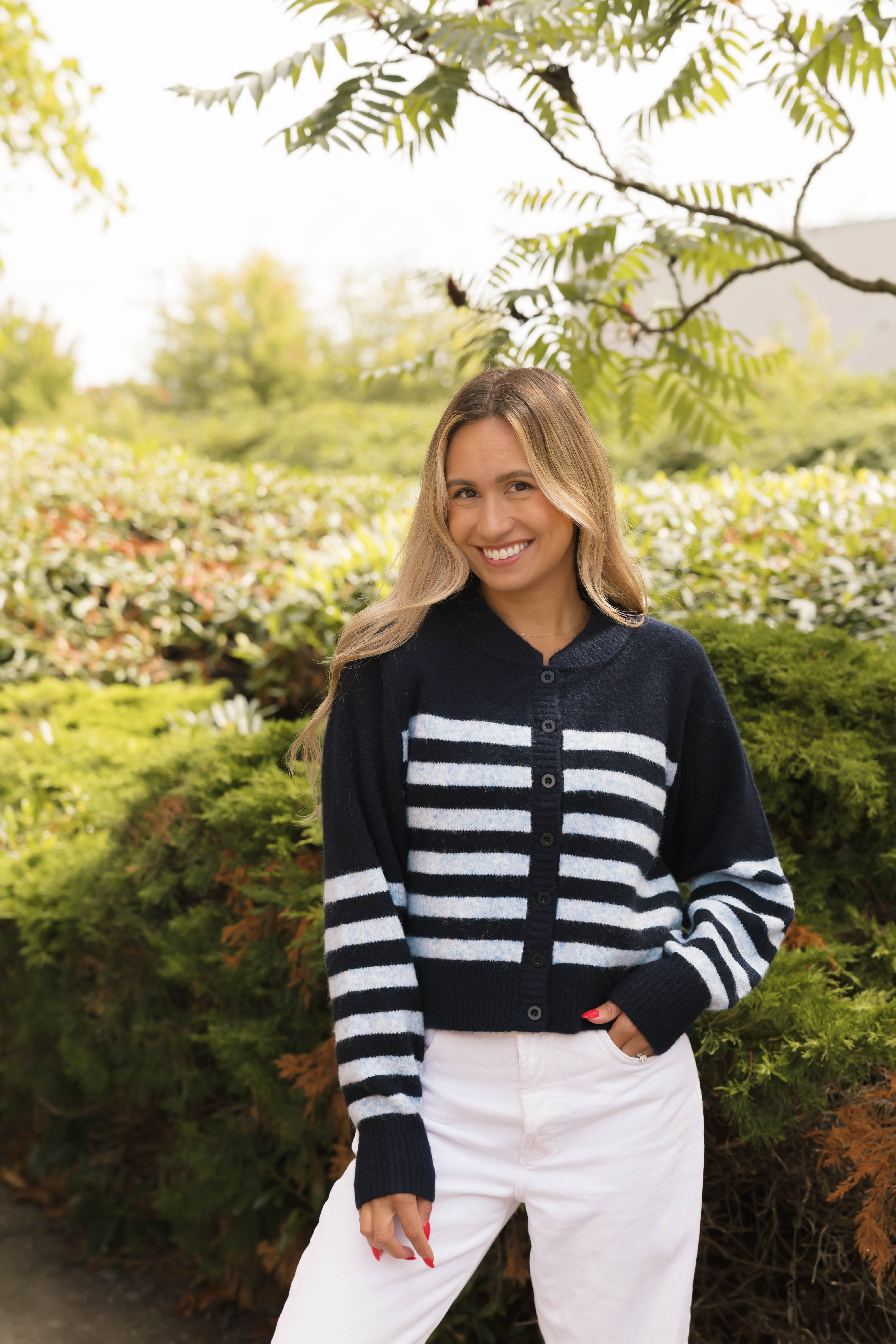 Mabel Striped Short Cardigan in Navy/Blue