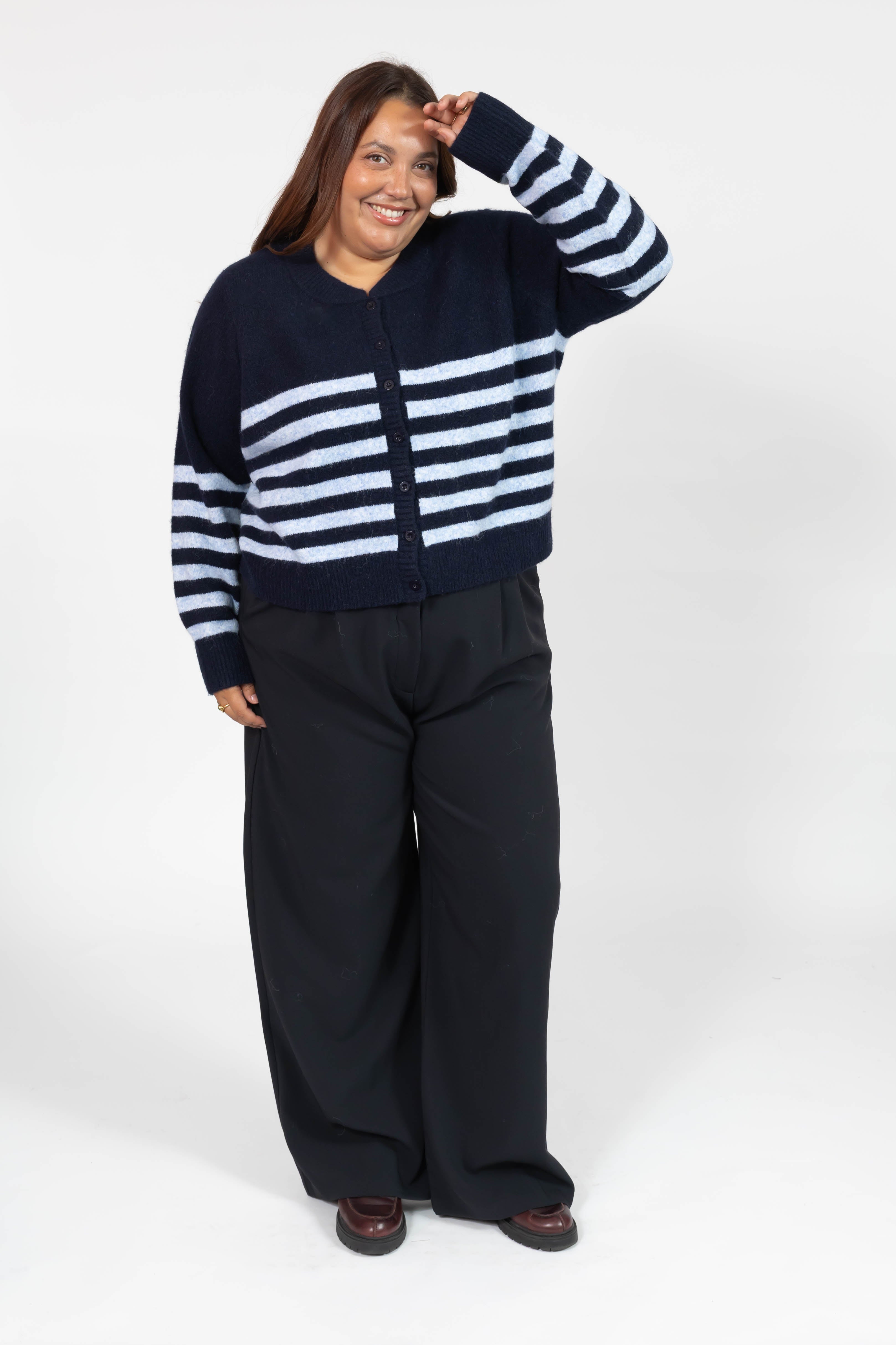 Mabel Striped Short Cardigan in Navy/Blue