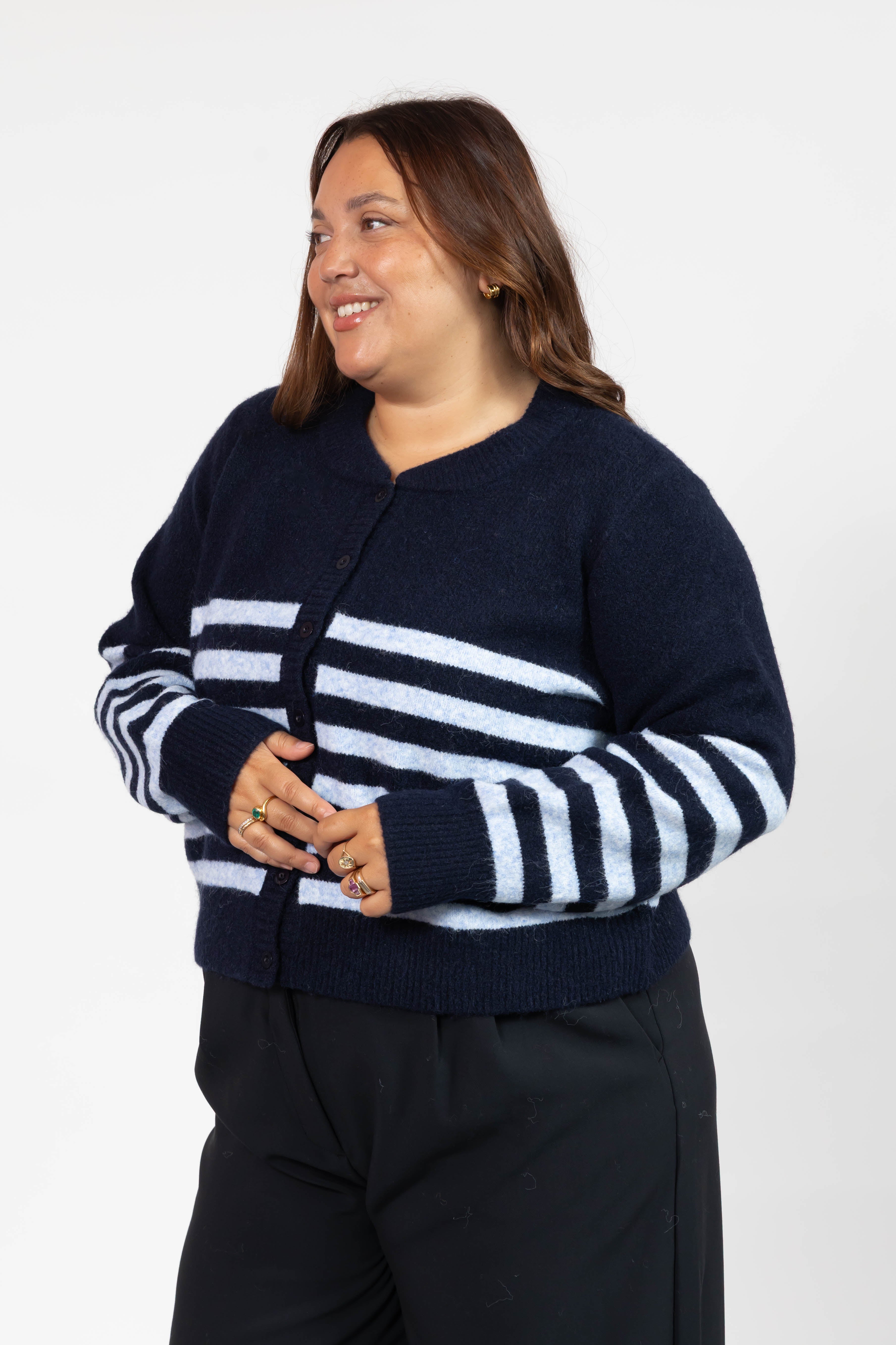 Mabel Striped Short Cardigan in Navy/Blue