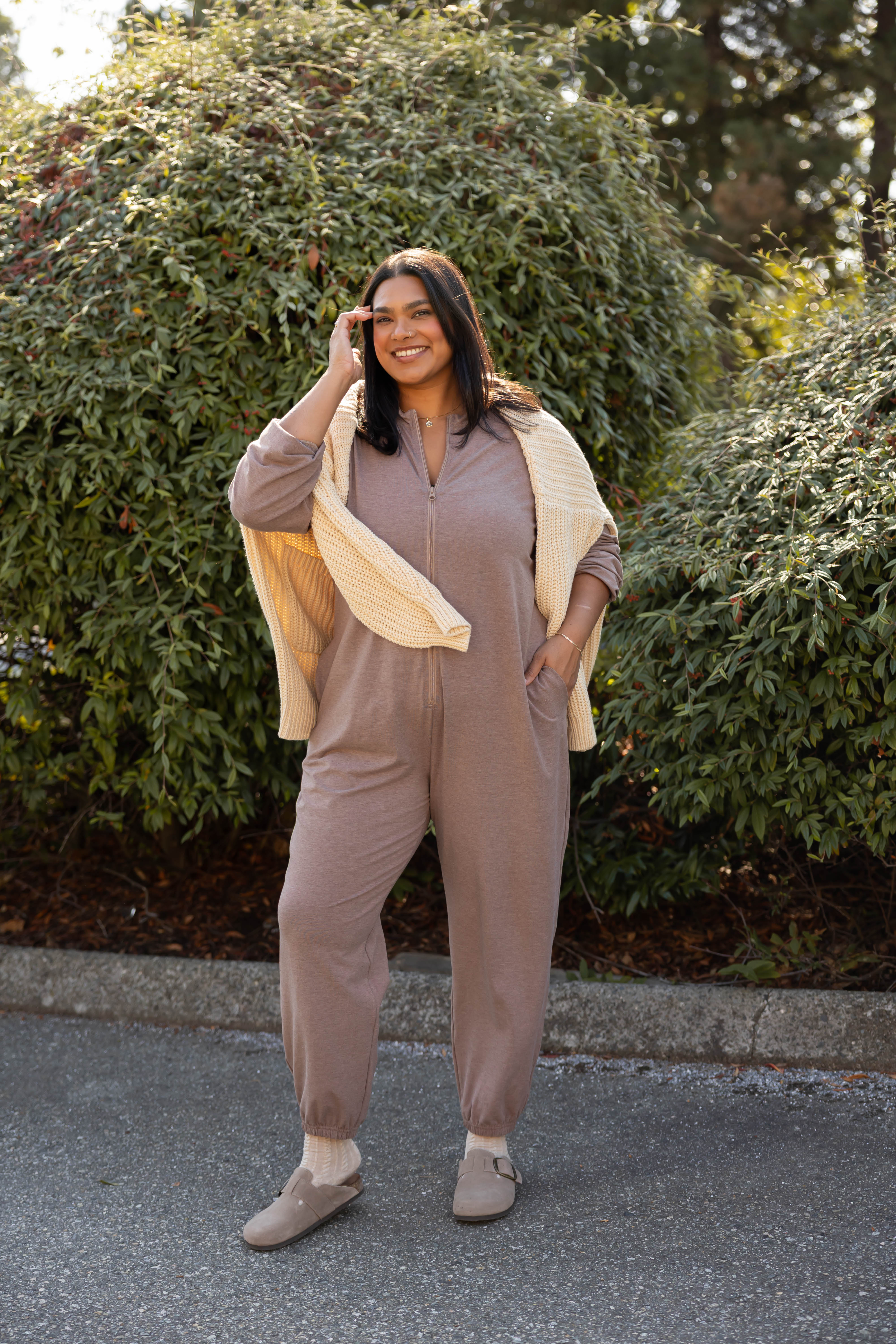 Matilda Zip Up Romper in Mocha Brown