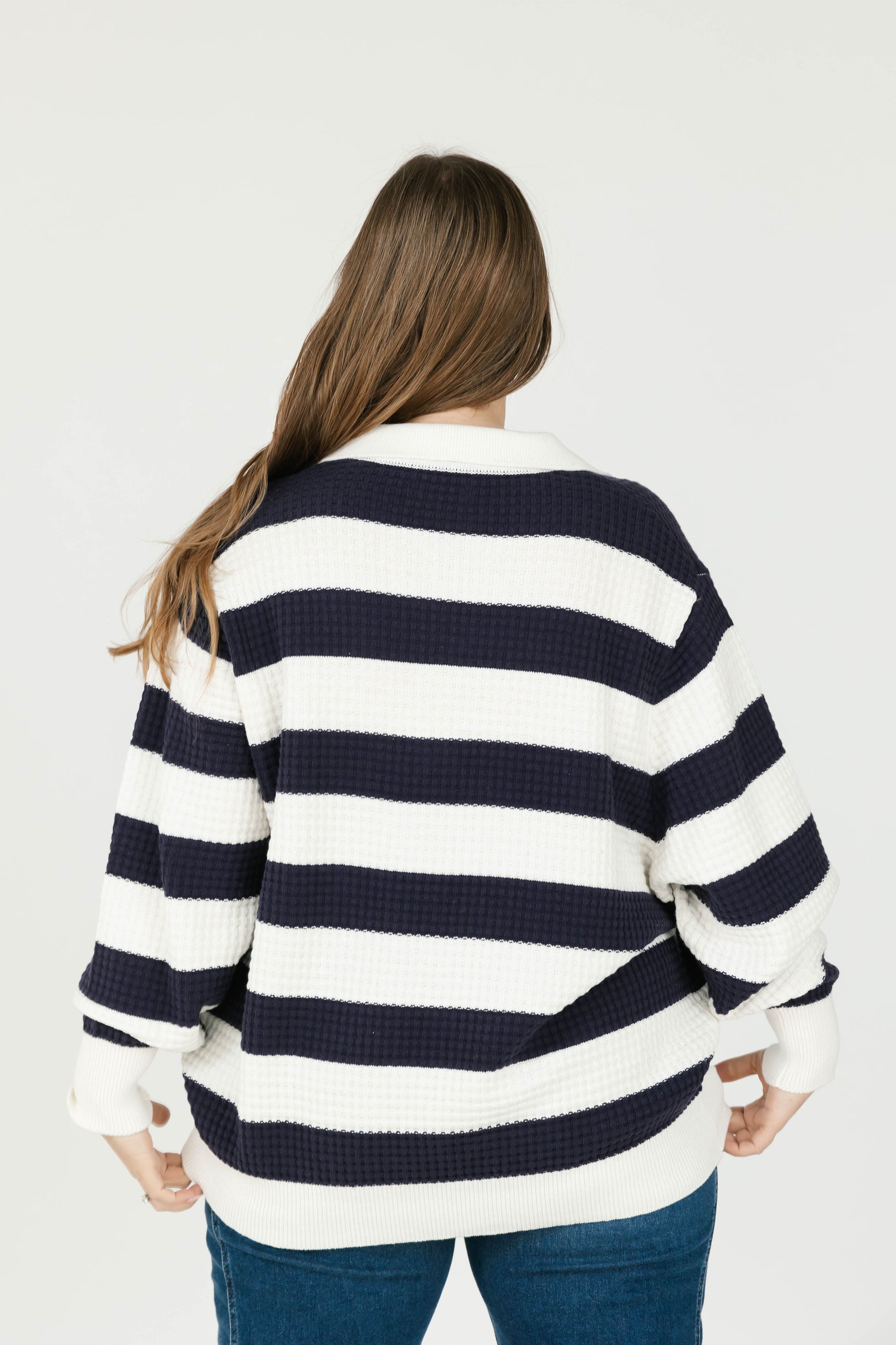 Megan Waffle Sweater in Navy/Ivory Stripe