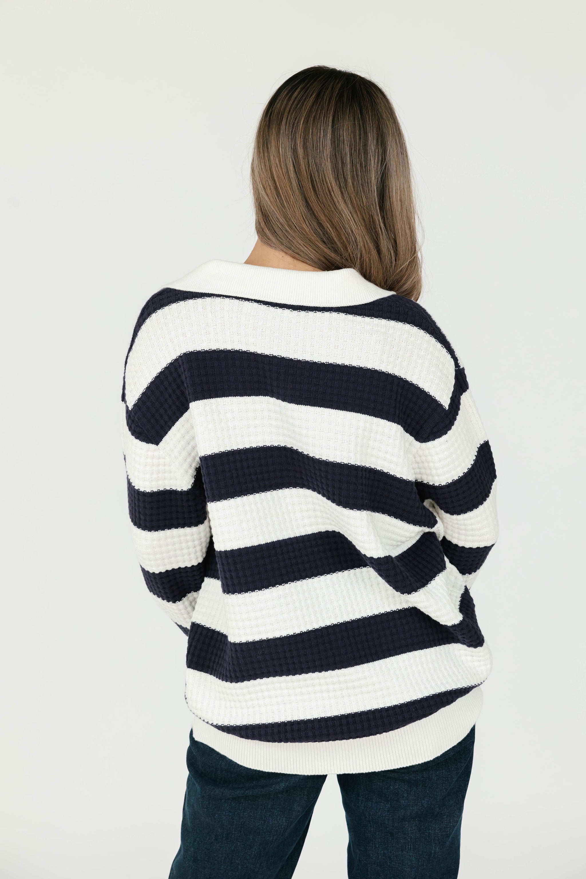 Megan Waffle Sweater in Navy/Ivory Stripe