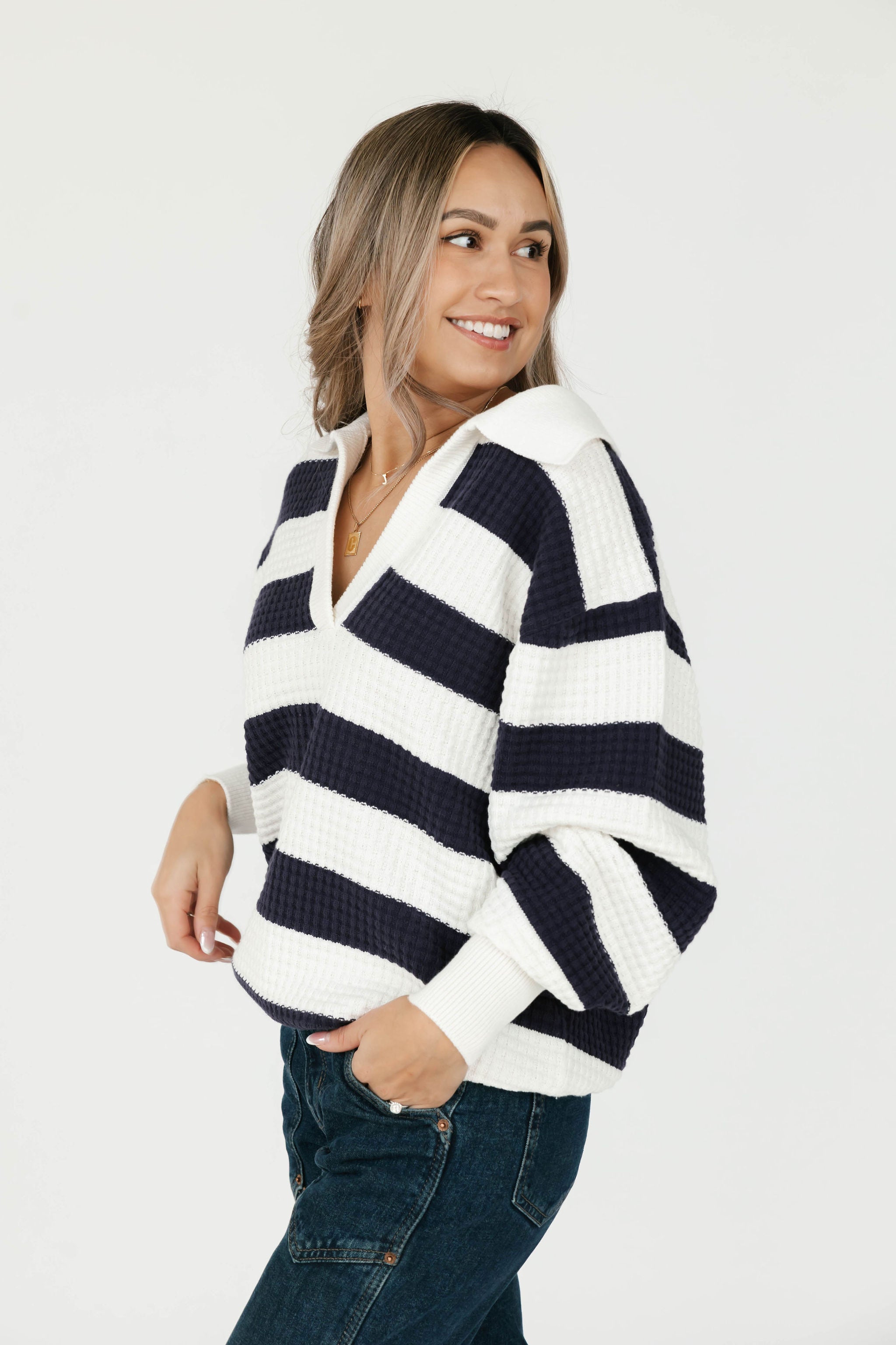 Megan Waffle Sweater in Navy/Ivory Stripe