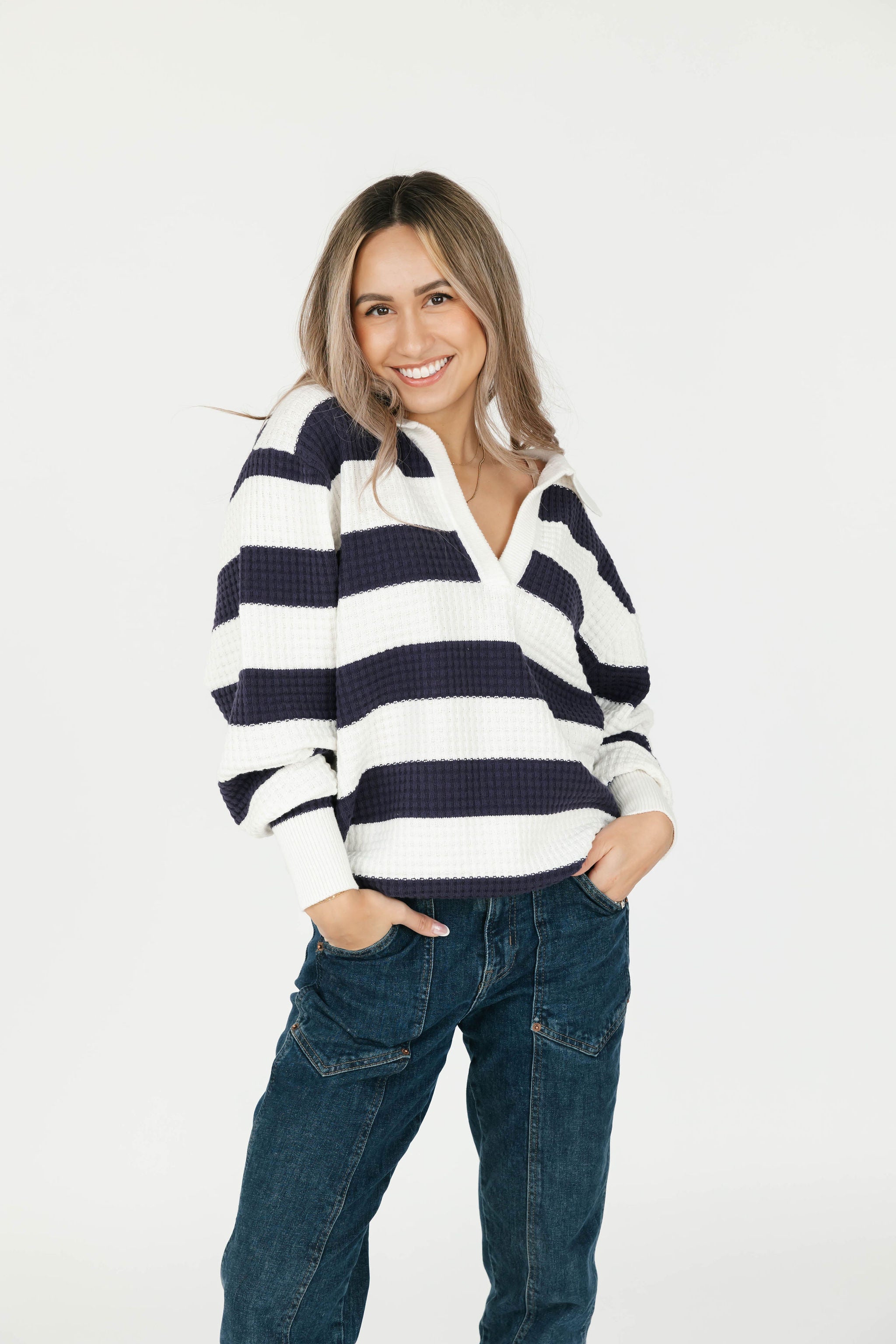 Megan Waffle Sweater in Navy/Ivory Stripe