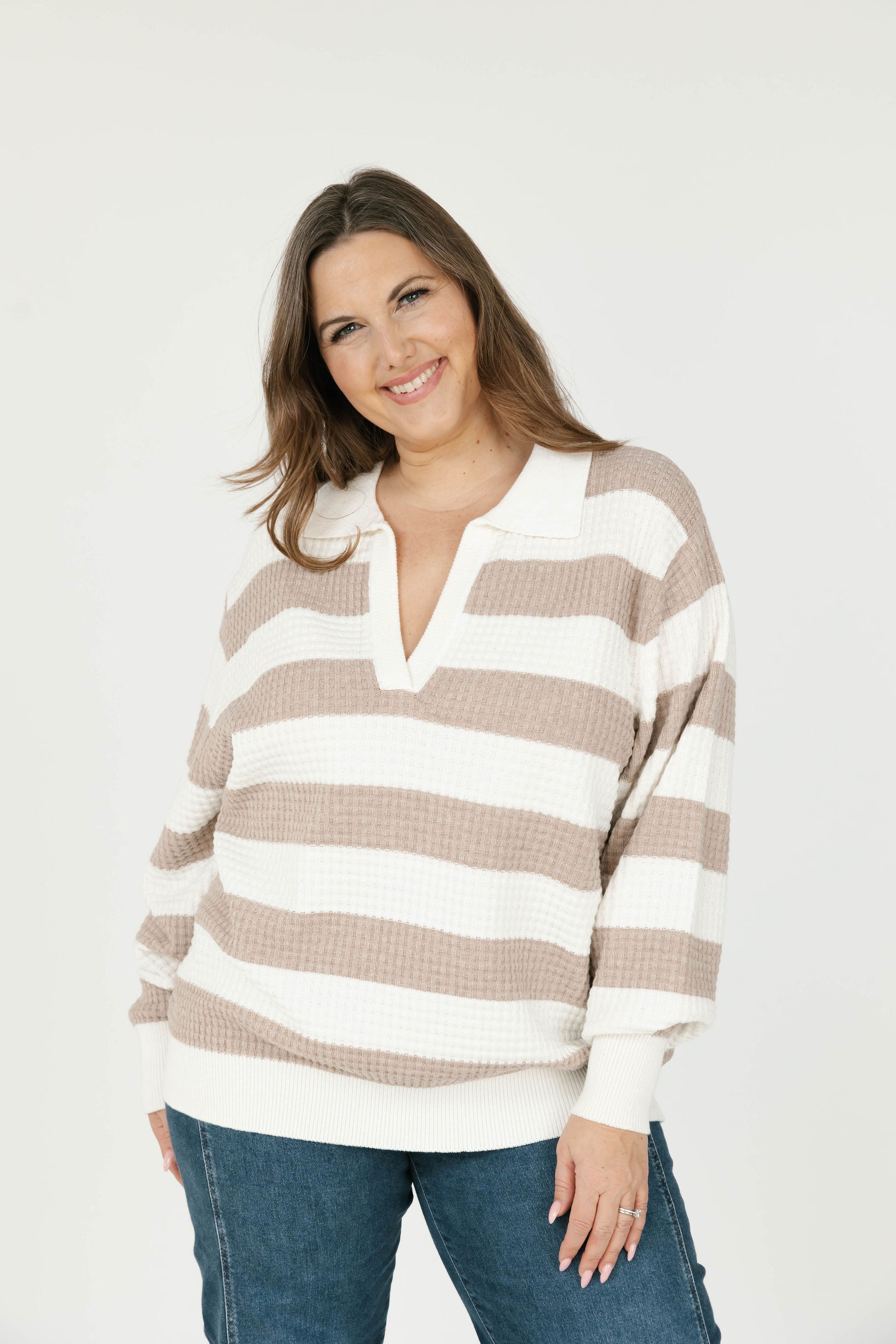 Megan Waffle Sweater in Oatmeal/Ivory Stripe