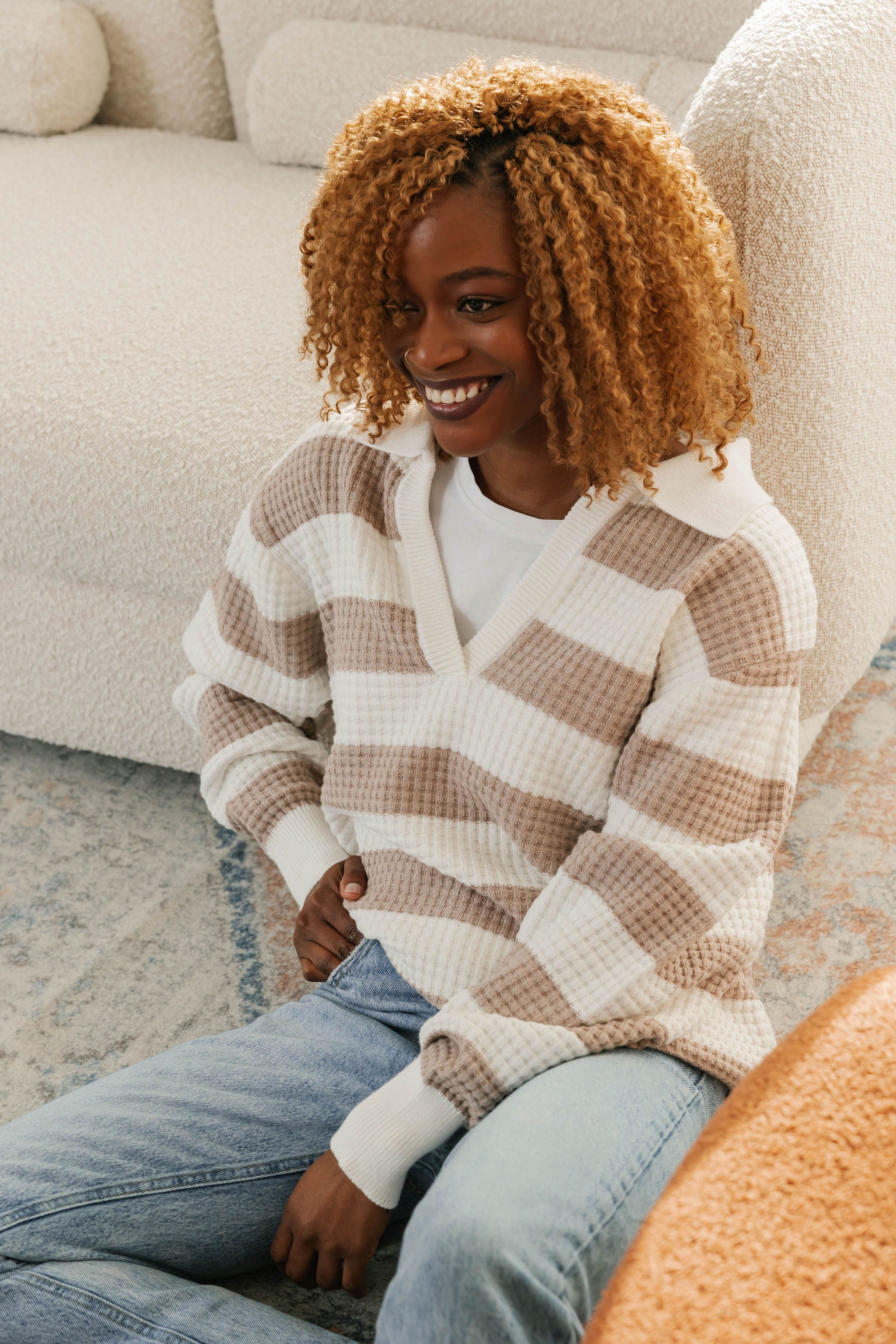 Megan Waffle Sweater in Oatmeal/Ivory Stripe