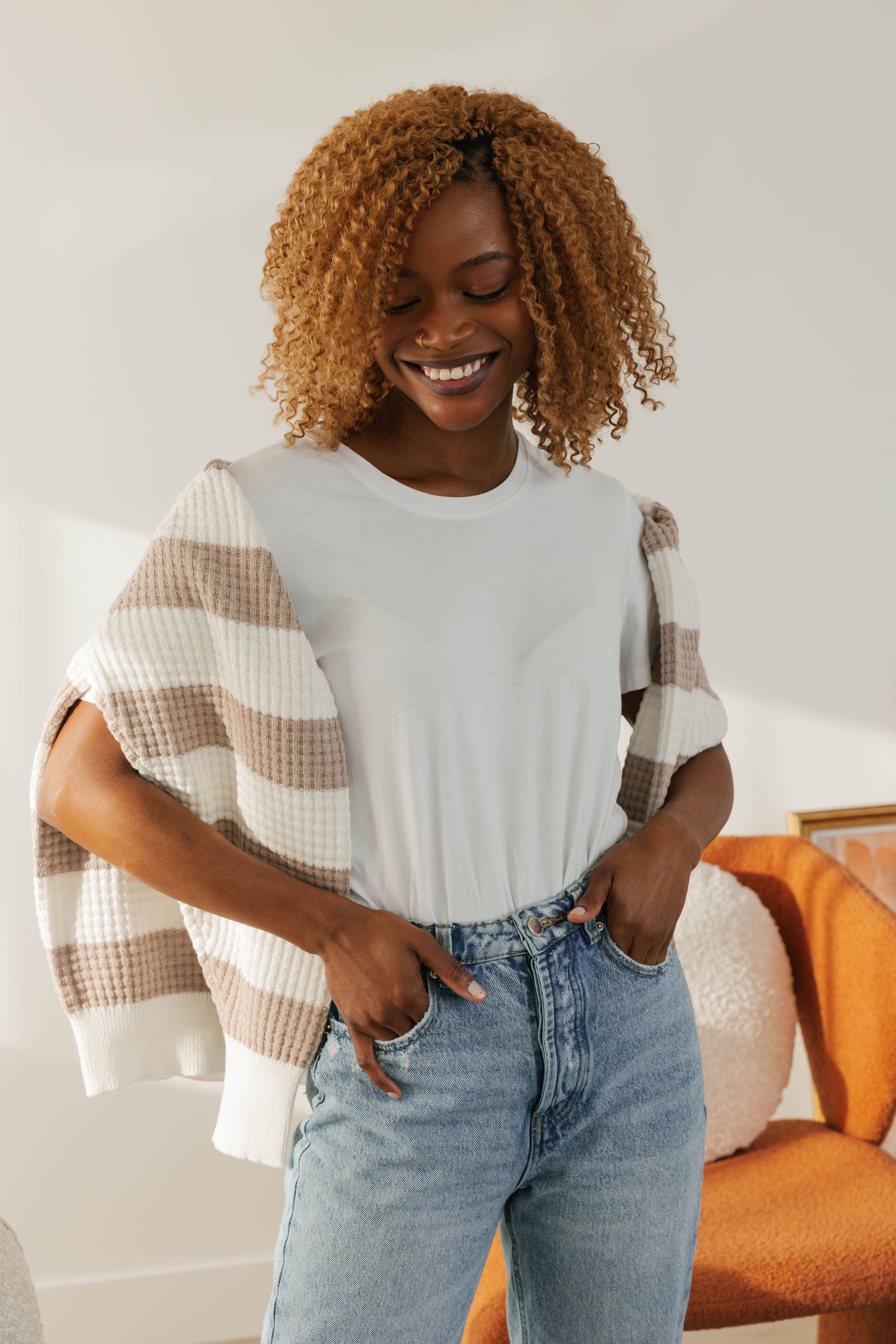 Megan Waffle Sweater in Oatmeal/Ivory Stripe