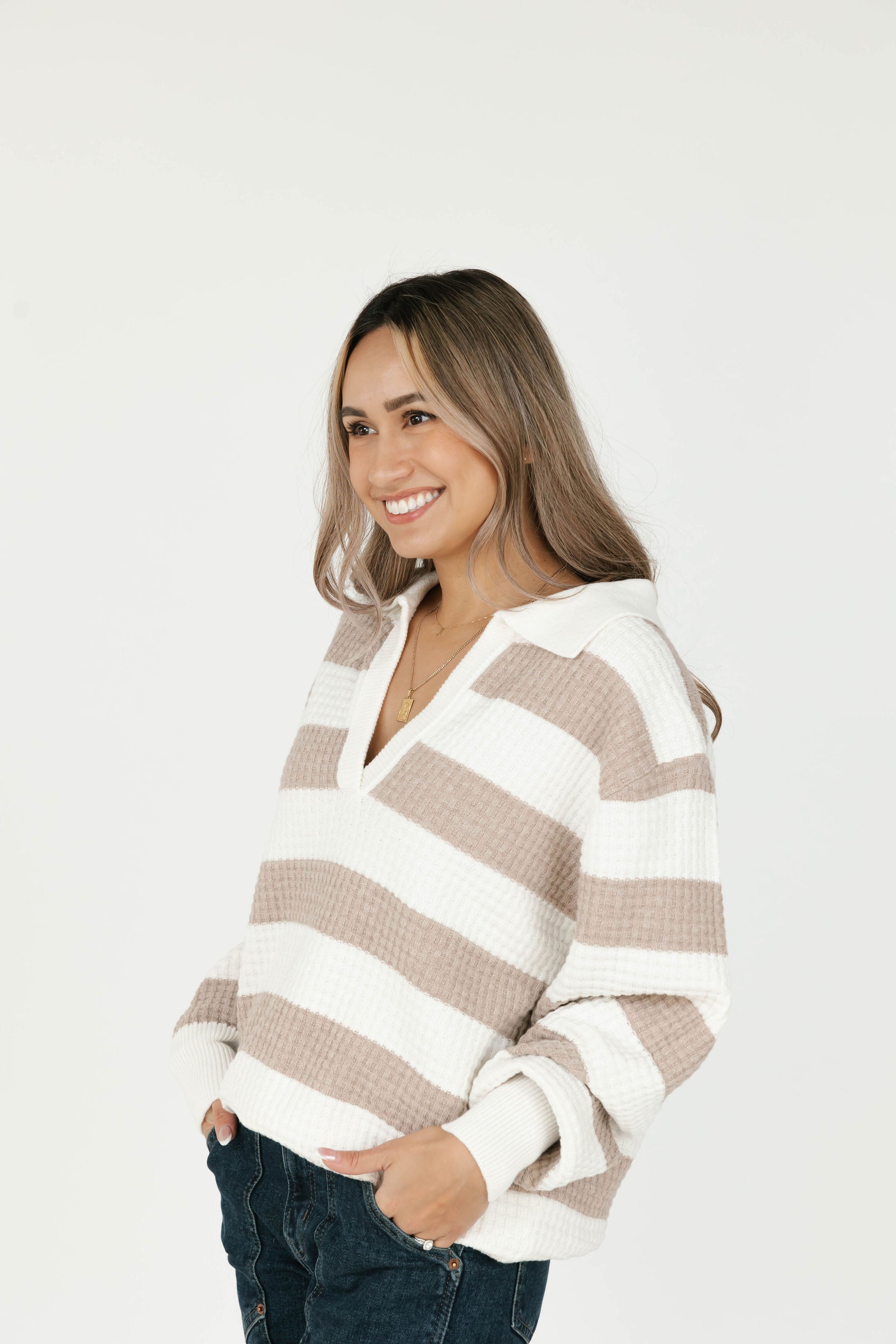 Megan Waffle Sweater in Oatmeal/Ivory Stripe