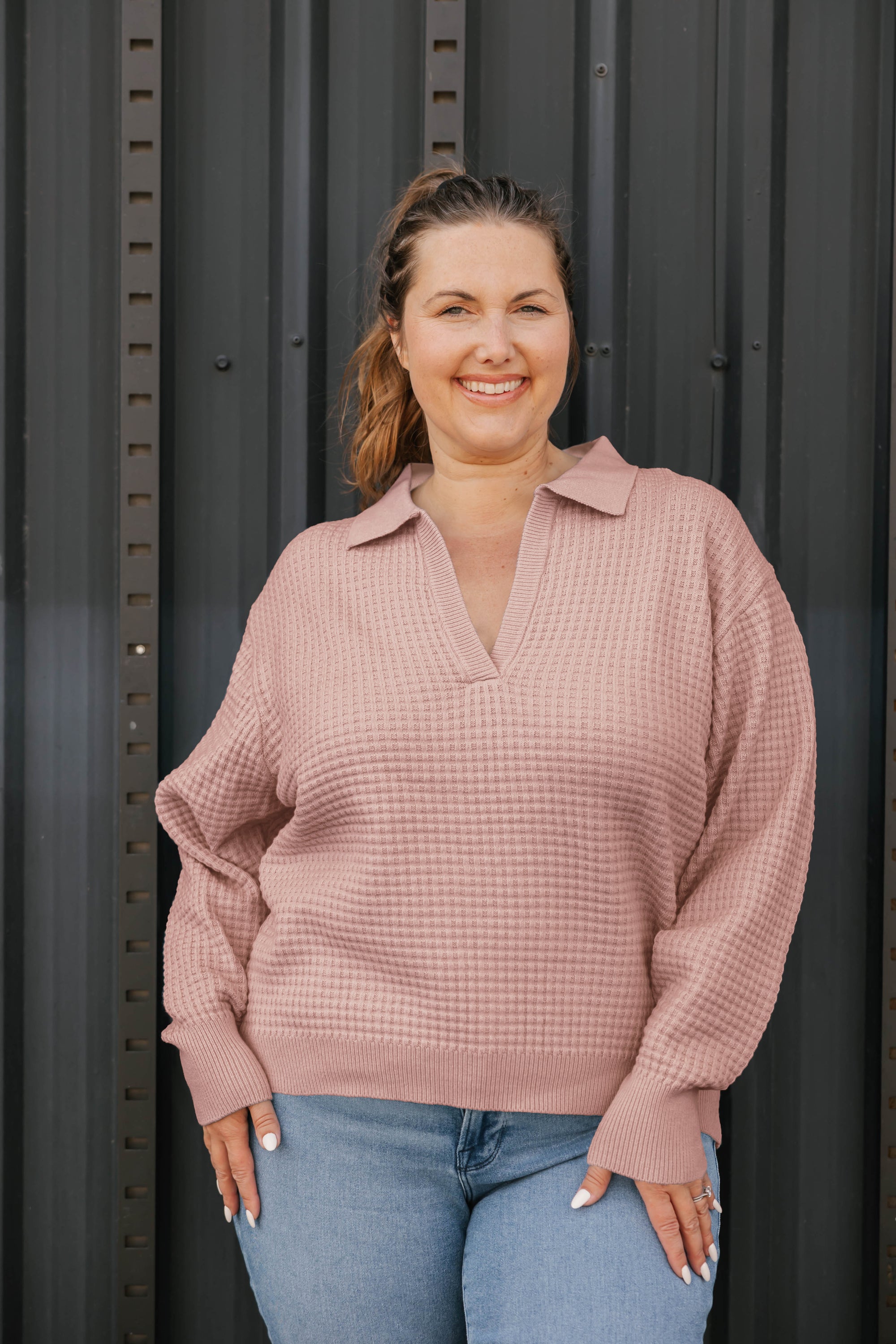 Megan Waffle Sweater in Petal Pink